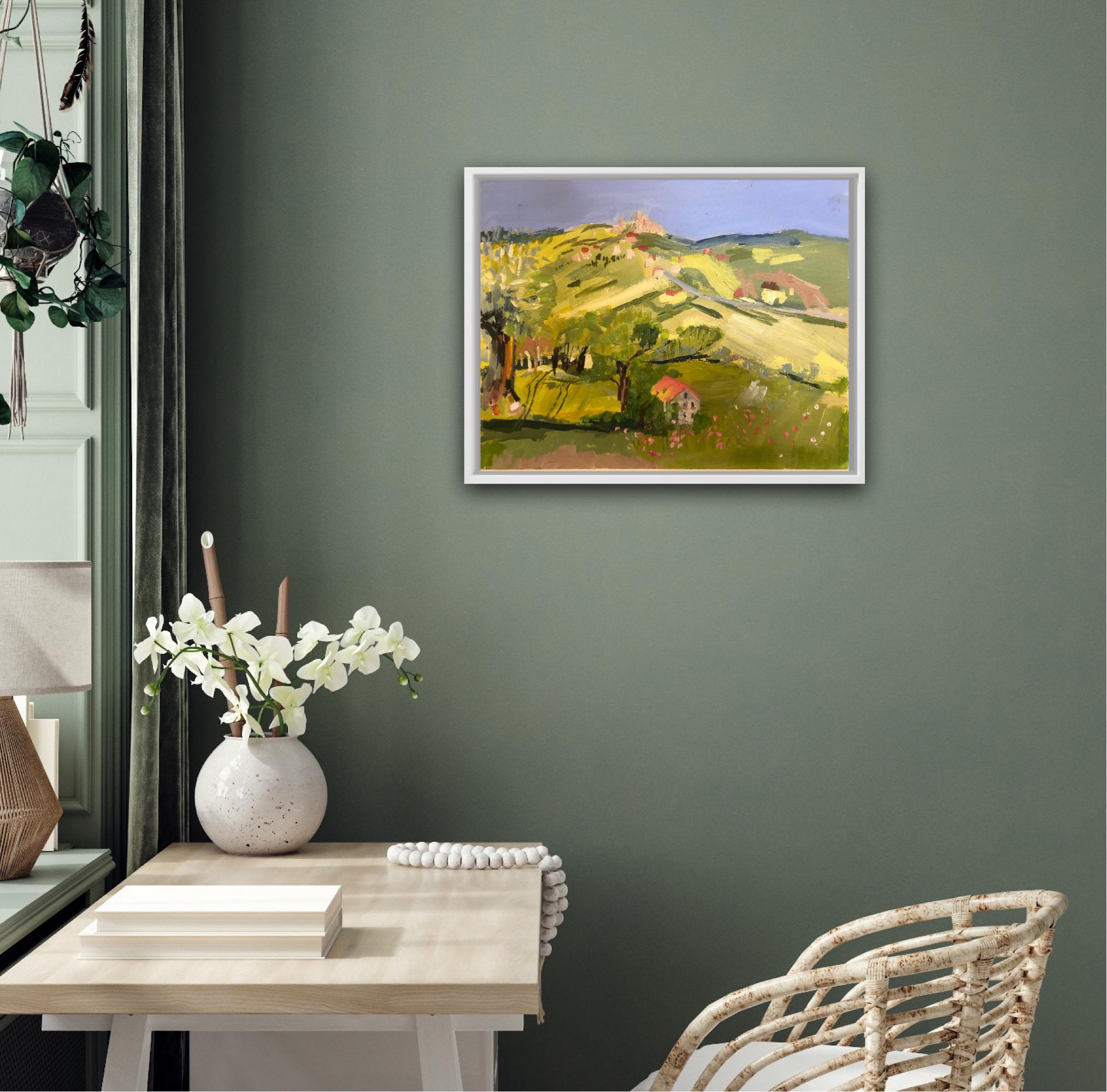 Looking across to Barbara, Italy, Original painting, Landscape, Nature - Brown Abstract Painting by Maggie LaPorte Banks