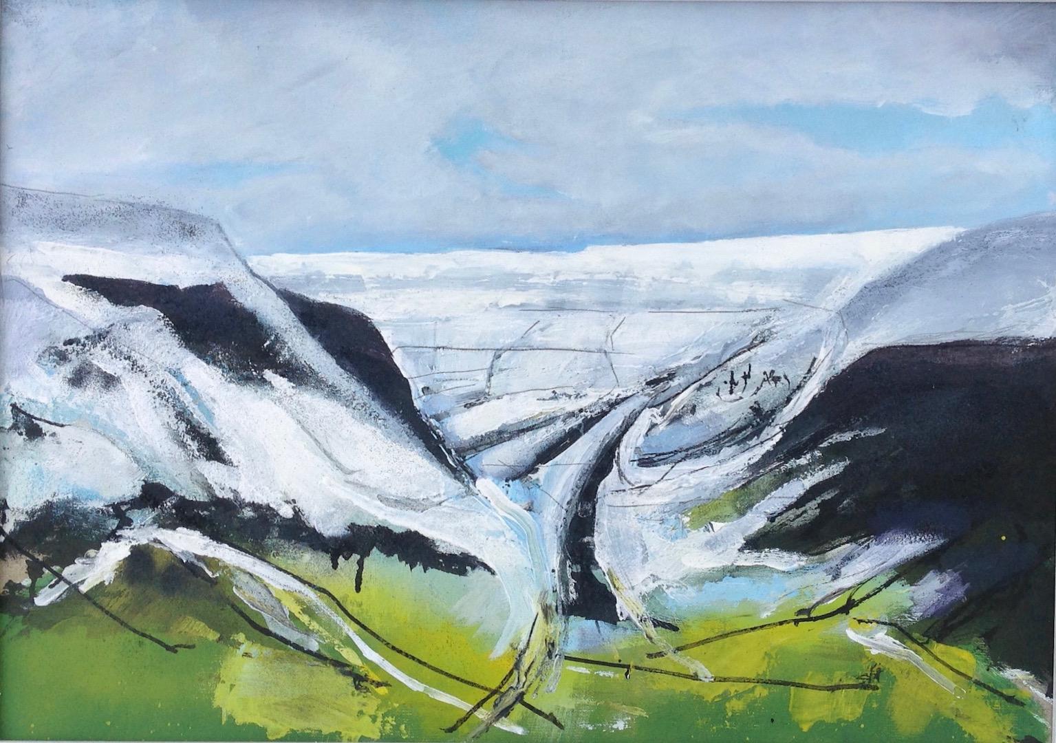 Maggie Laporte Banks.
Hay Bluff and the Black Mountains.
Acrylic, Indian ink and carborundum on a linen canvas.
Size: H 53cm x W 73 cm x D 6cm
Sold in a wooden white frame.
(Please note in situ images are purely an indication of how a piece may