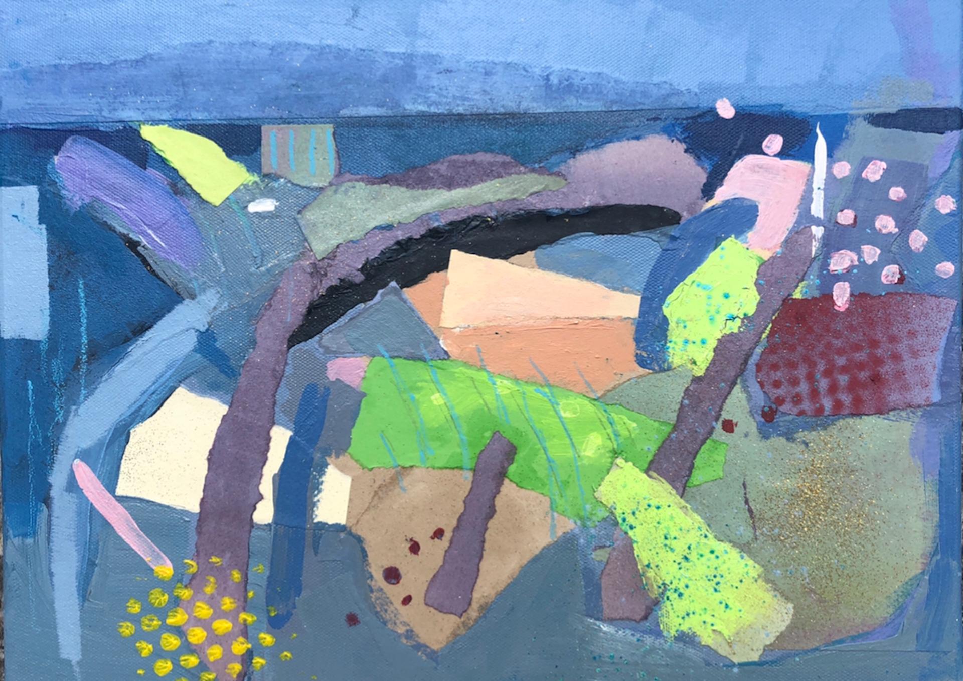 Maggie LaPorte Banks.
Summer colours of Dartmoor.
Acrylic, collage, printmaking, mixed medium on canvas.
W. 40 cm x H. 30cm x D. 2 cm .
Unframed canvas.
The study for this piece of work was made on Dartmoor on a gloriously sunny day in July.
Hazy