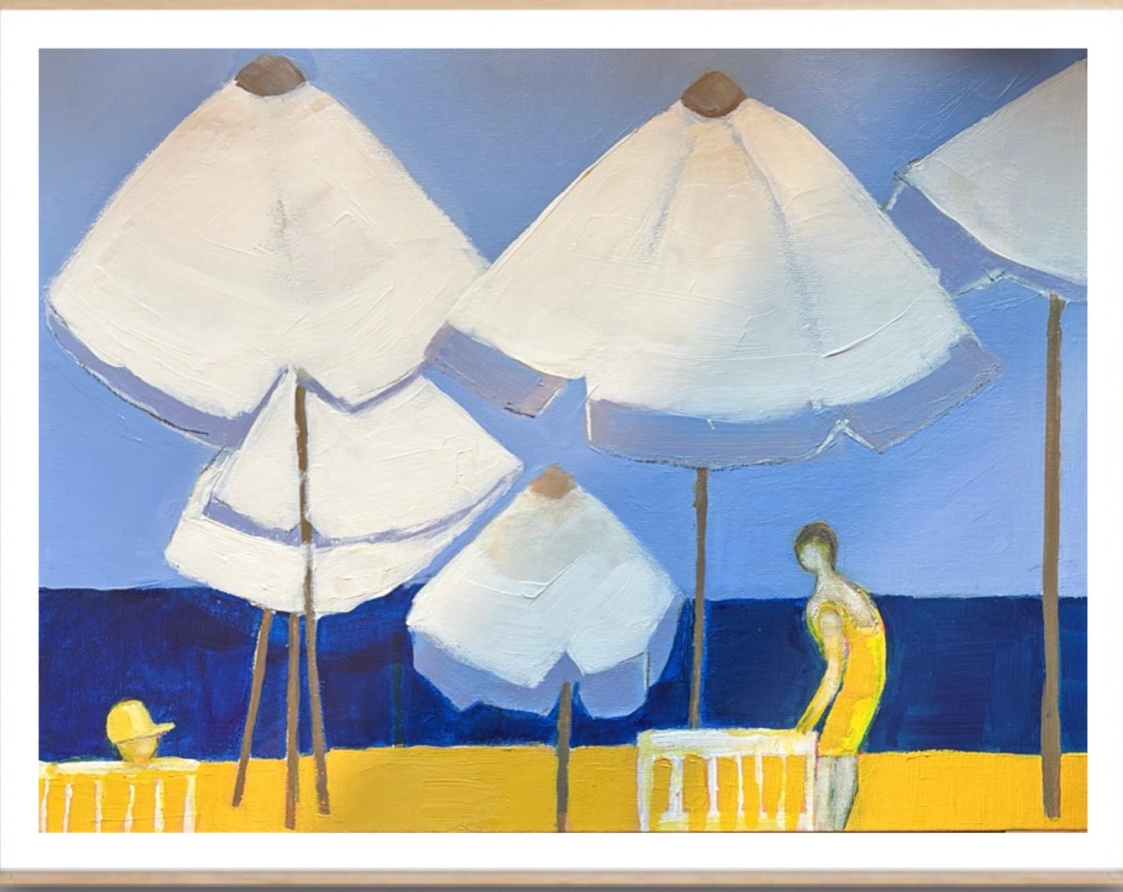 On Pioneer beach, Paphos 3 & Parasols on pioneer beach 2, diptych - Painting by Maggie LaPorte Banks