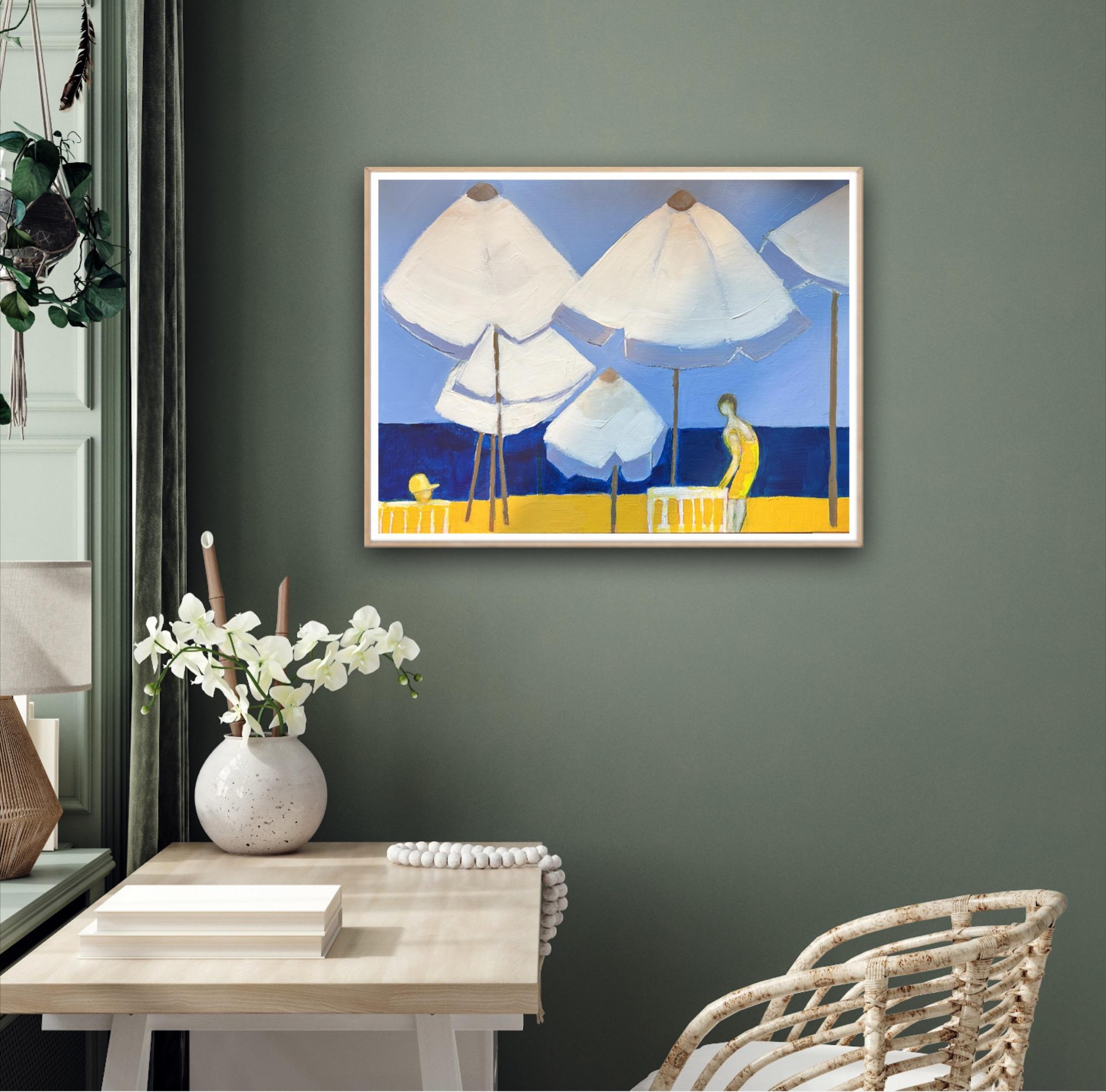 On Pioneer beach, Paphos 3 & Parasols on pioneer beach 2, diptych - Contemporary Painting by Maggie LaPorte Banks