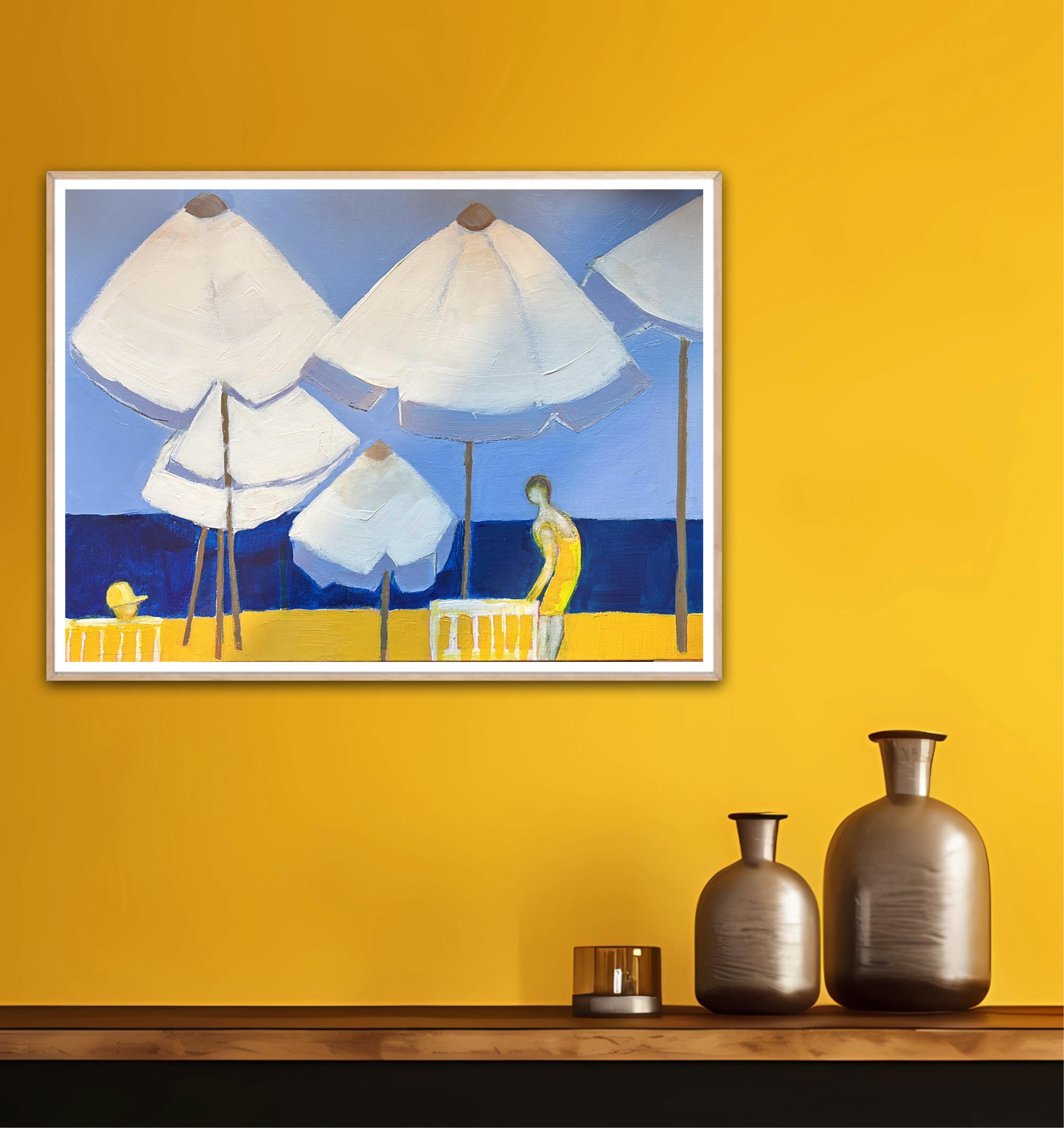 I spent 10 days painting from the gardens of my hotel facing out to sea on the island of Paphos .Beautiful blue skies and inky seas and in the foreground white parasols gently swaying in the breeze . With each coloured sketch the work became more