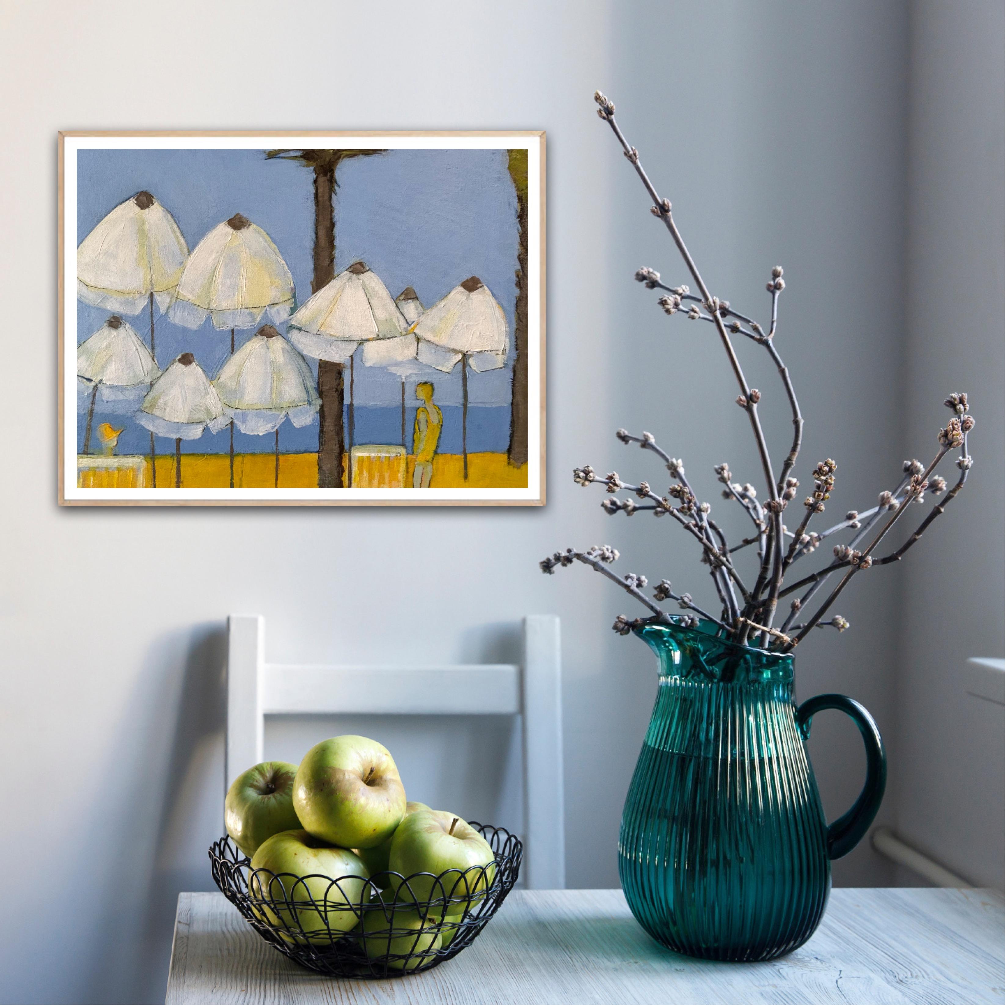 Sonnenschirme am Pionierstrand 2, Originalgemälde, zeitgenössisch, Landschaft im Angebot 1