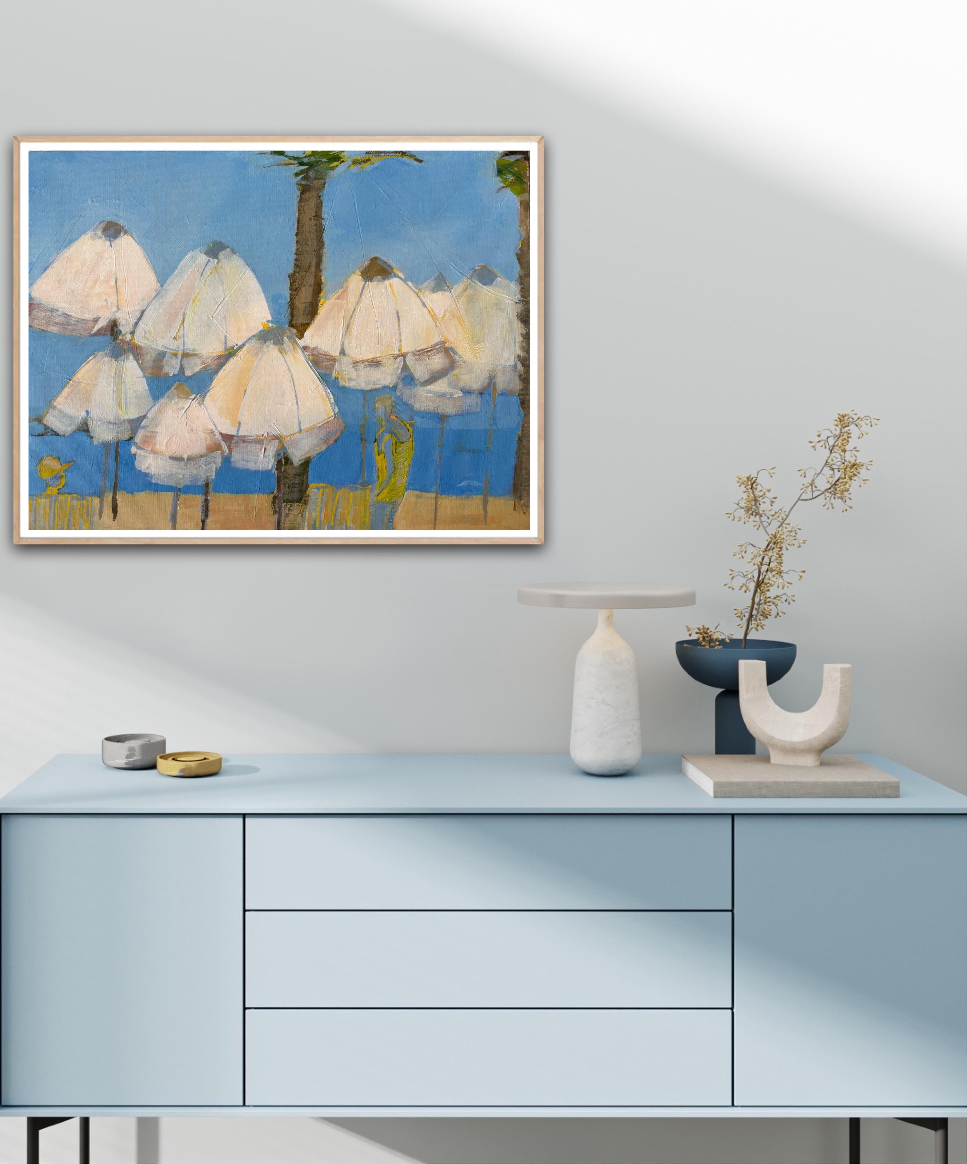 Parasols on Pioneer beach, original painting, contemporary, landscape - Contemporary Painting by Maggie LaPorte Banks