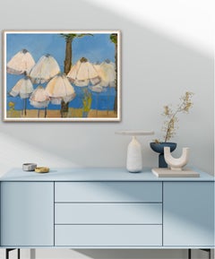 Parasols on Pioneer beach, original painting, contemporary, landscape