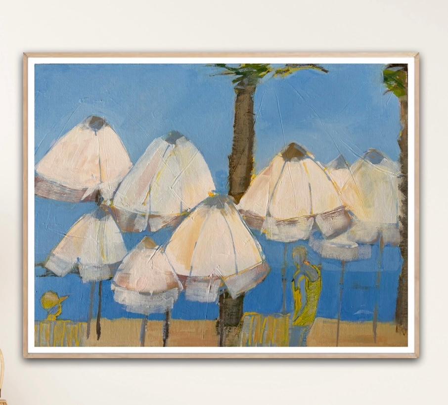 Parasols on Pioneer beach, original painting, contemporary, landscape For Sale 1