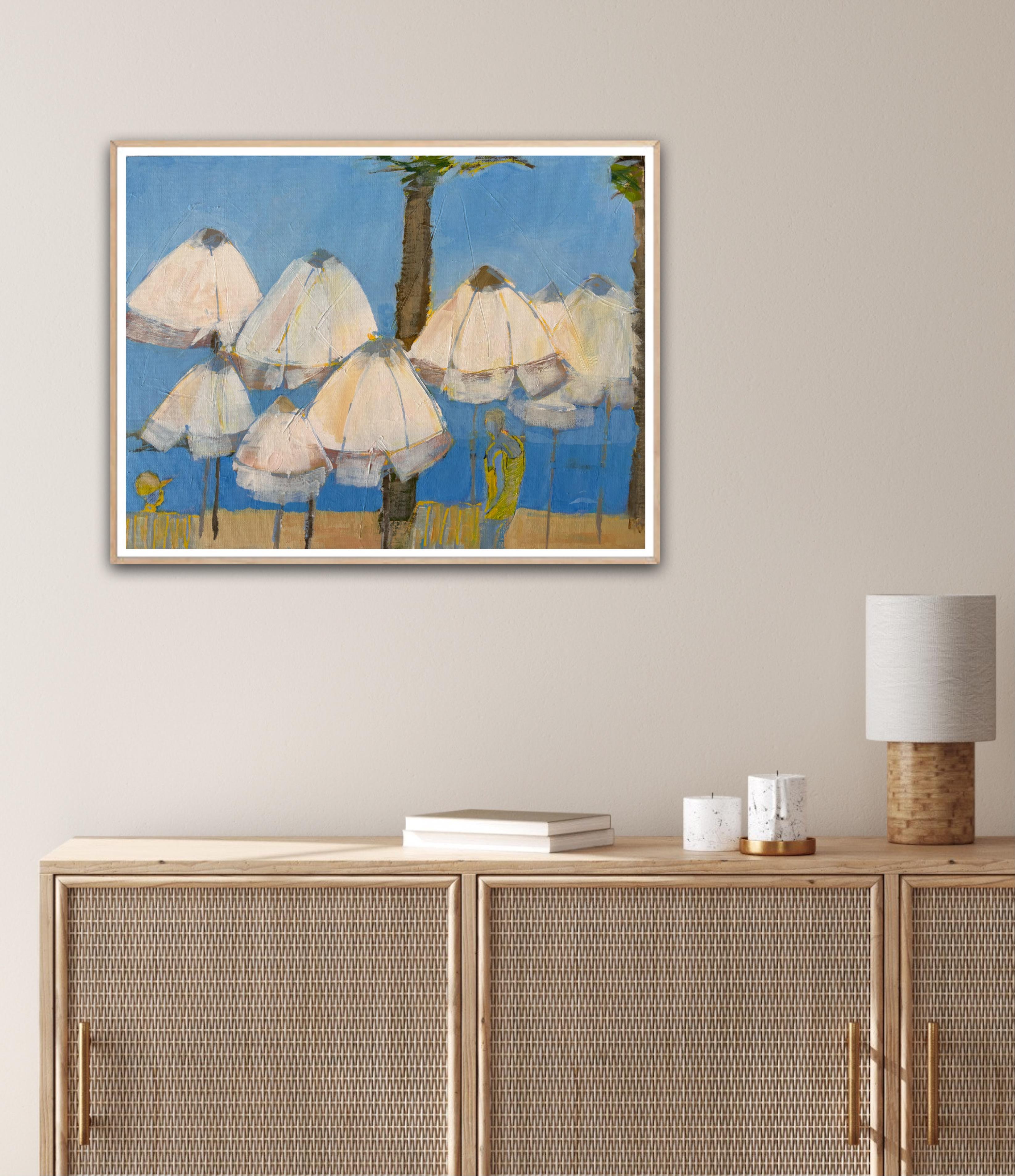 Parasols on Pioneer beach, original painting, contemporary, landscape For Sale 2