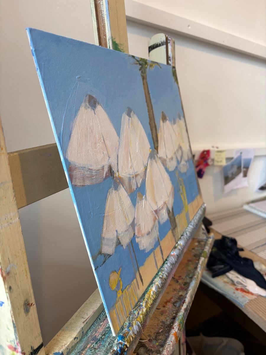 Parasols on Pioneer beach, original painting, contemporary, landscape For Sale 3