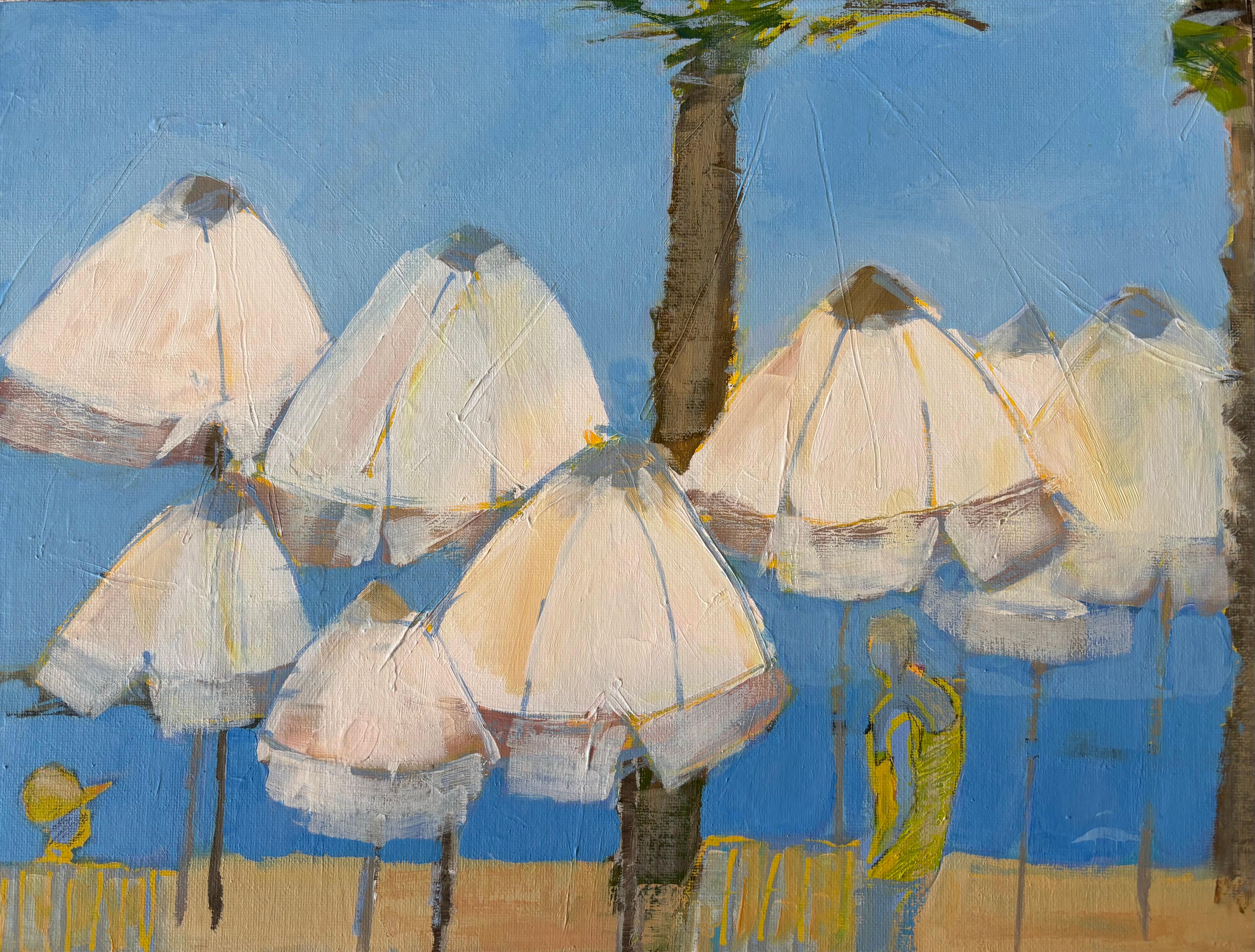 Parasols on Pioneer beach, original painting, contemporary, landscape - Painting by Maggie LaPorte Banks
