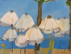 Parasols on Pioneer beach, original painting, contemporary, landscape