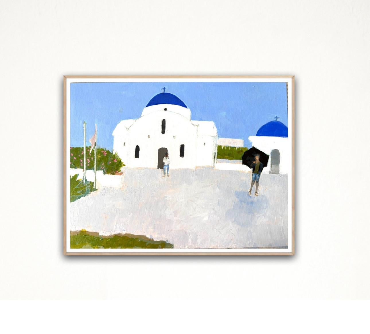 St. Nicholas Church, Paphos, original painting, contemporary, landscape - Blue Landscape Painting by Maggie LaPorte Banks