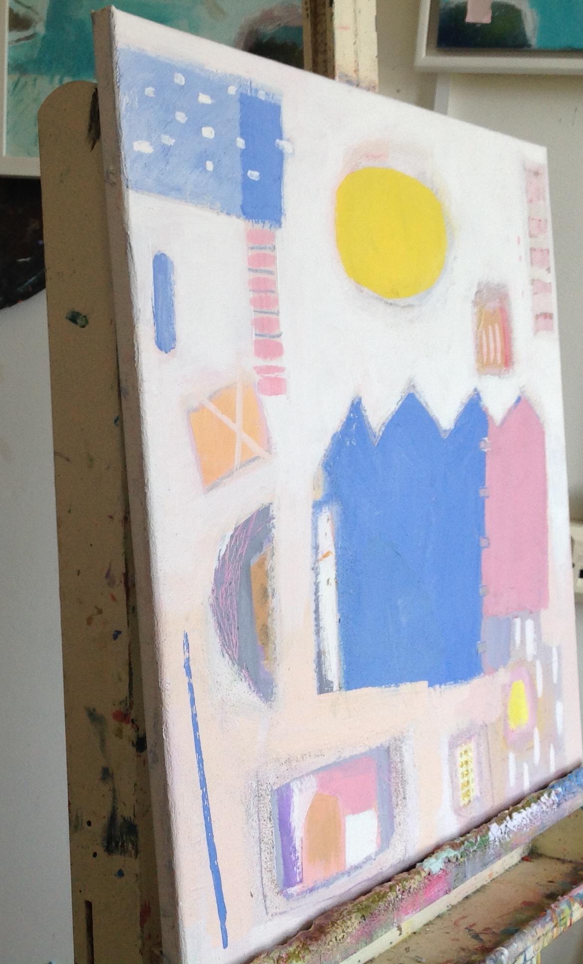 Sweet Devon Days, Abstrakte Küstenkunst, rosa und blaues zeitgenössisches Gemälde (Grau), Abstract Painting, von Maggie LaPorte Banks