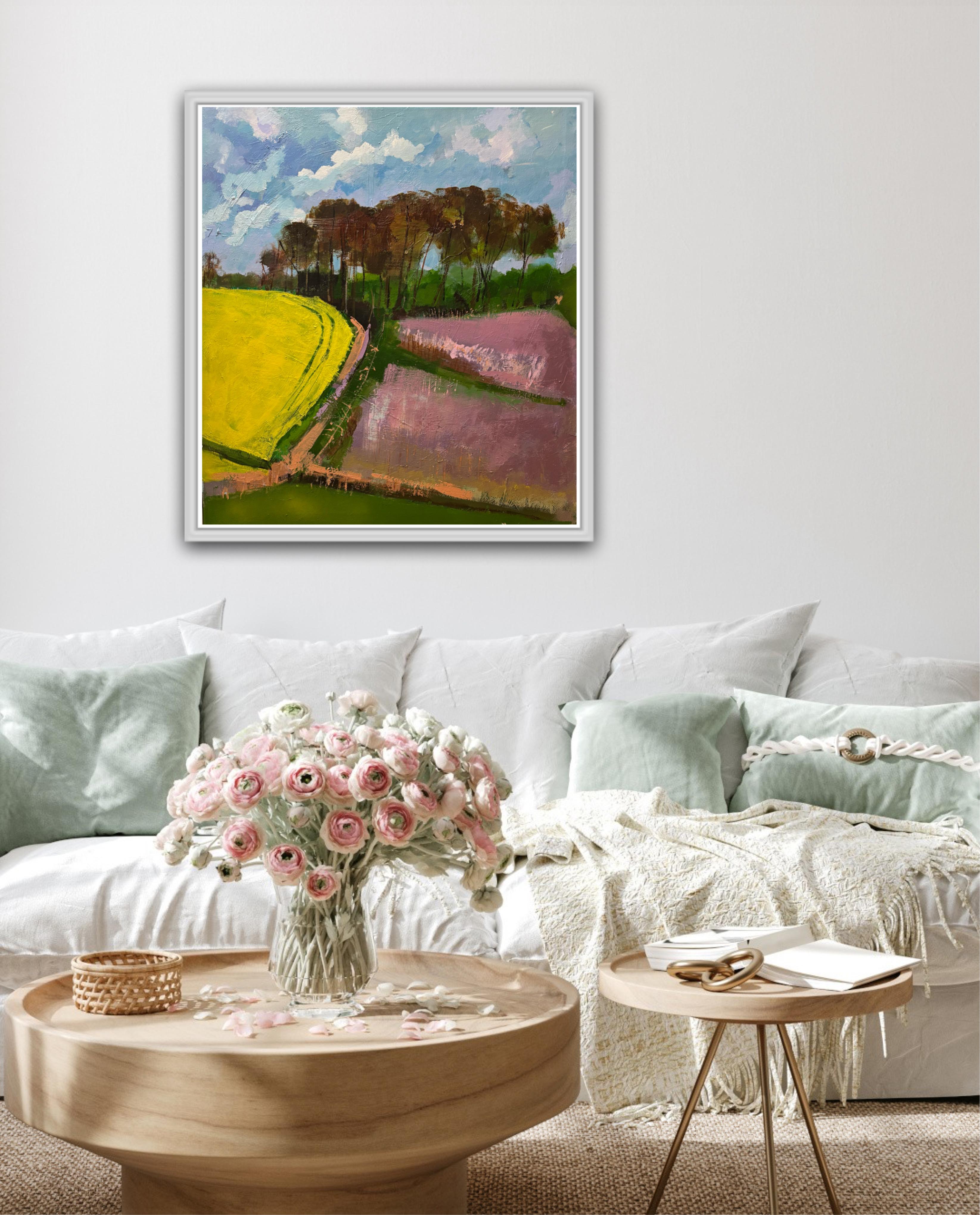 Tape seed and flax fields, original painting, contemporary, landscape - Contemporary Painting by Maggie LaPorte Banks