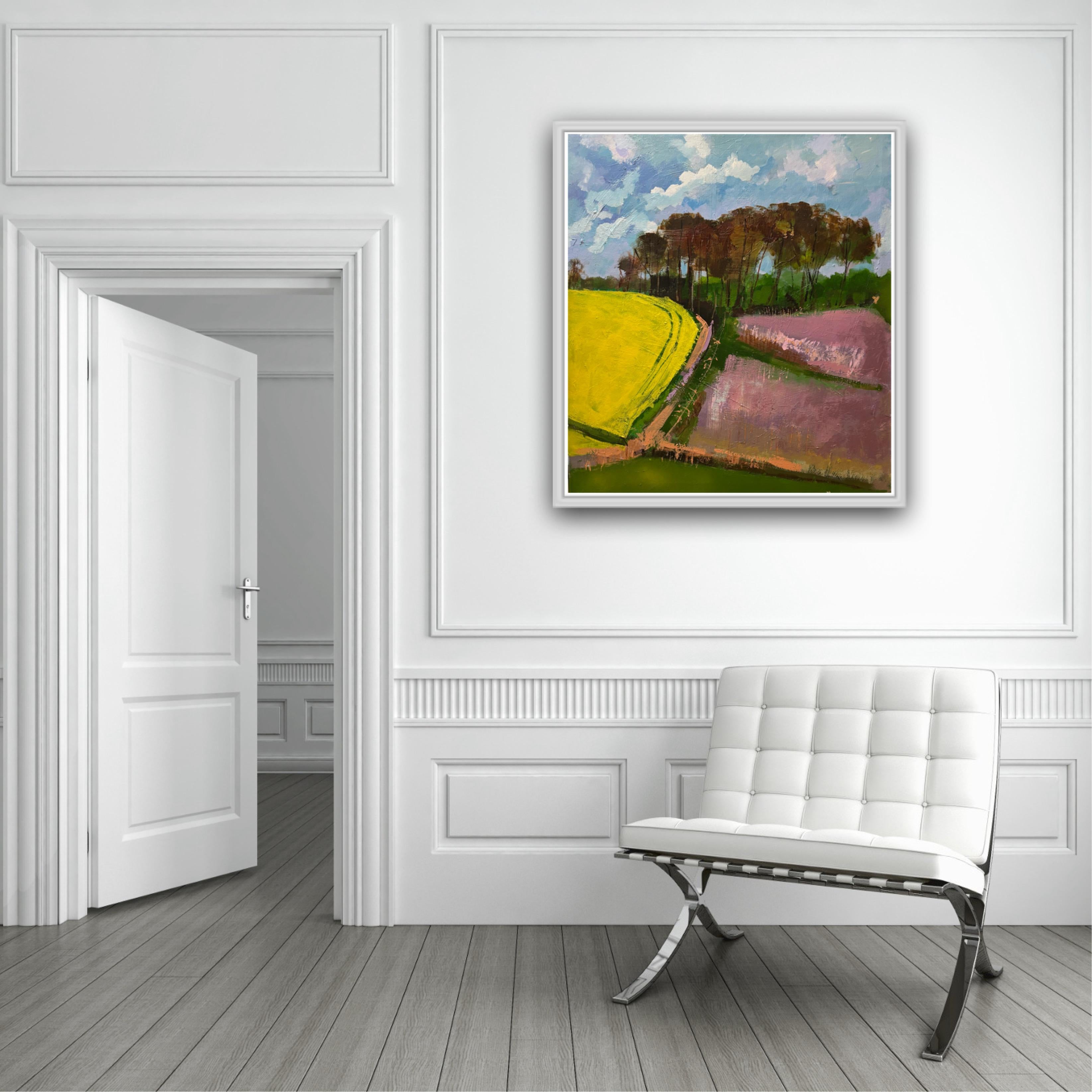 Rape seed and flax fields was painted in my Herefordshire studio on a beautiful sunny day. The citrus yellow of the rape seed is the complimentary colour of the purple flax seed, true impressionist colours . In the distant woods is the Iron Age Fort