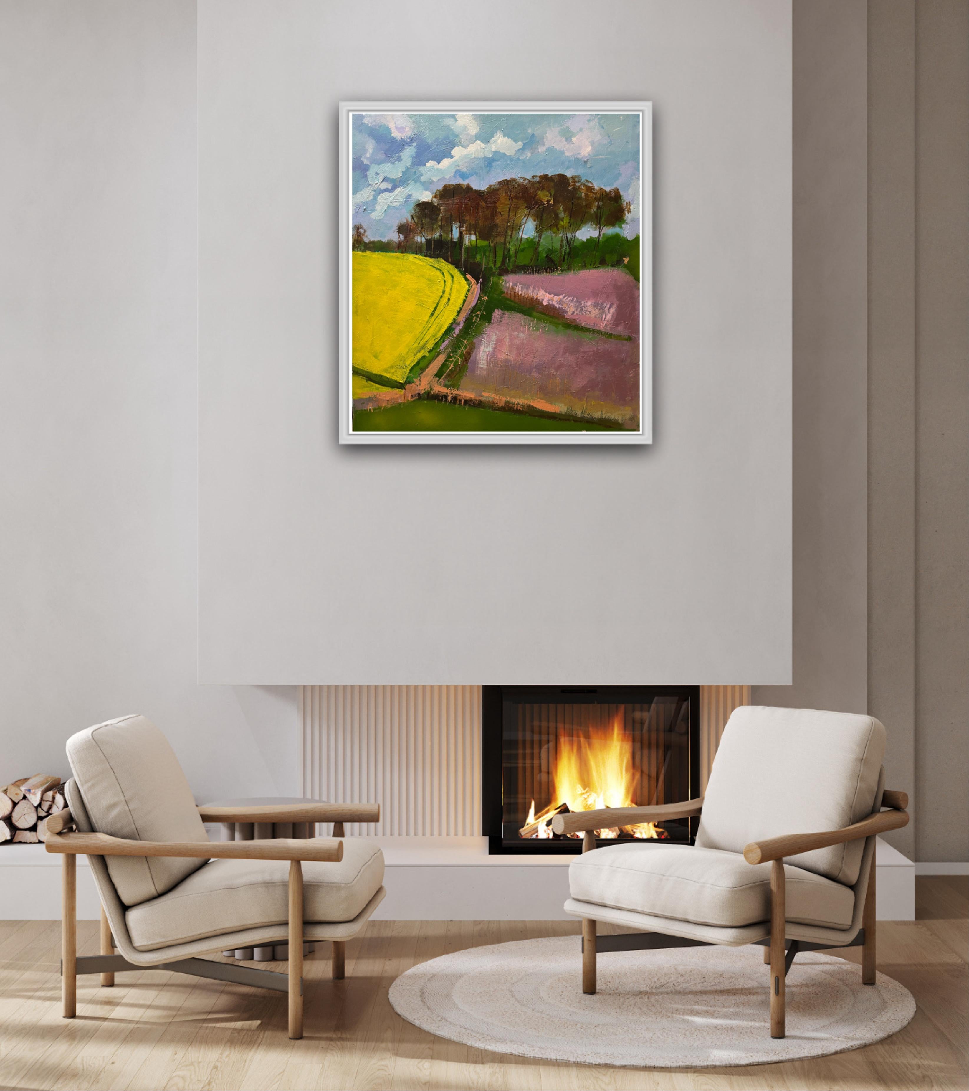 Tape seed and flax fields, original painting, contemporary, landscape For Sale 1
