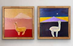The Alpaca and the Moon 1 & Emperor and the sun, diptych, original painting