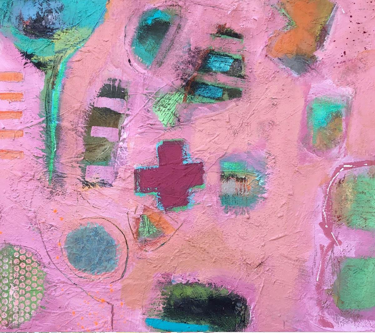 Maggie LaPorte Banks
This work is rooted in the landscape then becoming abstract .the colour and shapes are from stored memories
It is 60cm x 60 cm , unframed on canvas art board
Acrylic,silverleaf,pigment,and carborundum