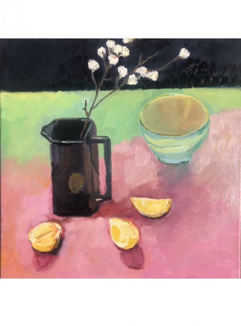 Interior Painting de Maggie LaPorte Banks - Jarra de whisky con flor de manzano, Pintura original, arte interior, arte alimentario
