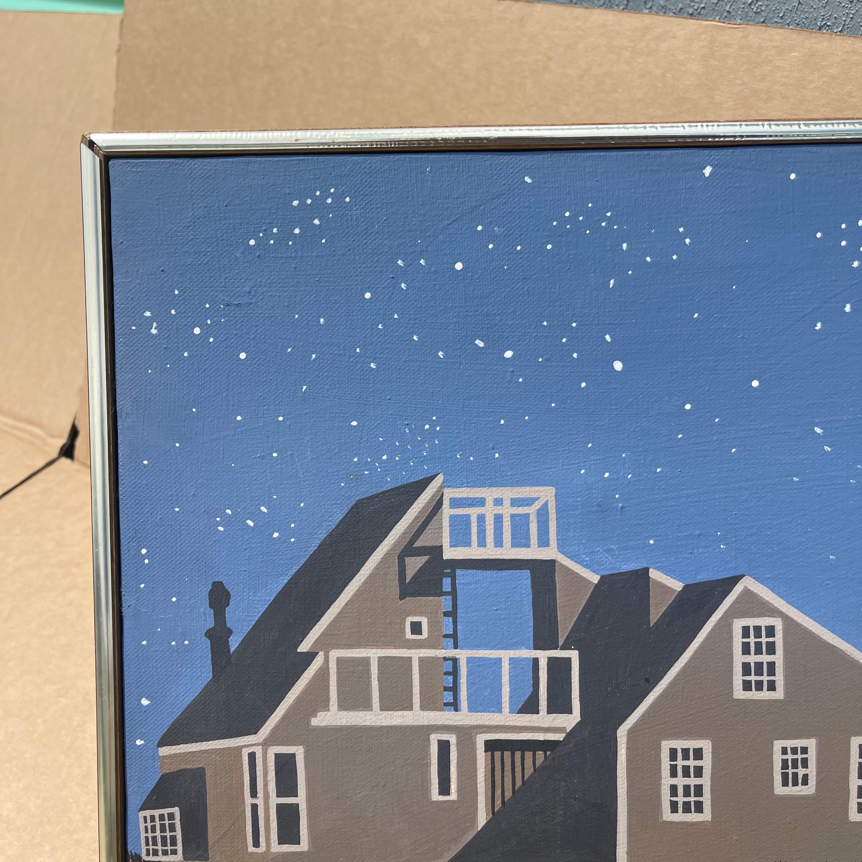 Maggie Meredith, 1922-2012, Nantucket Volkskunst Architektonische Landschaftsmalerei (Leinwand) im Angebot