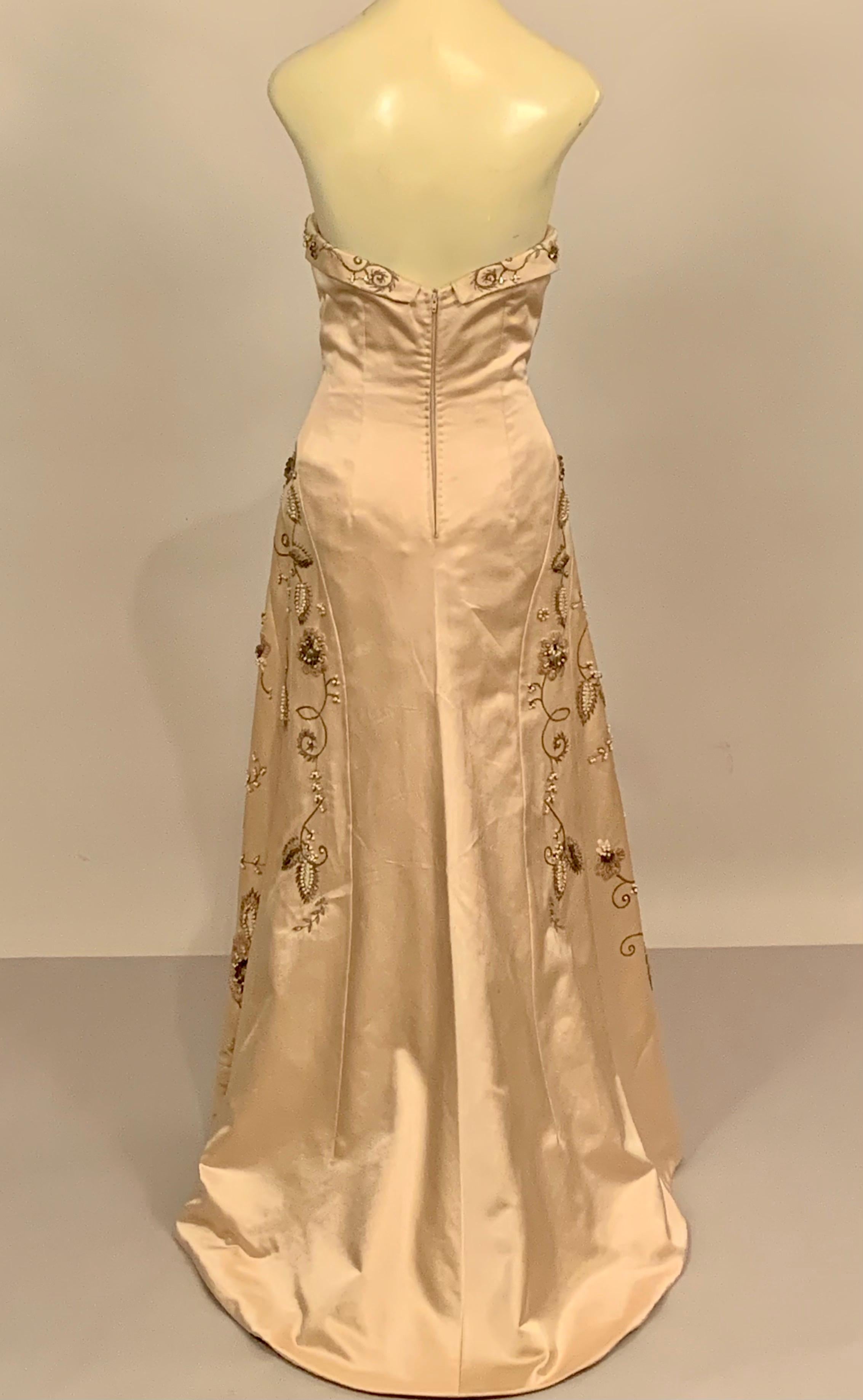 Brown Maggie Norris Couture Beaded and Embroidered Champagne Satin Gown with Train For Sale