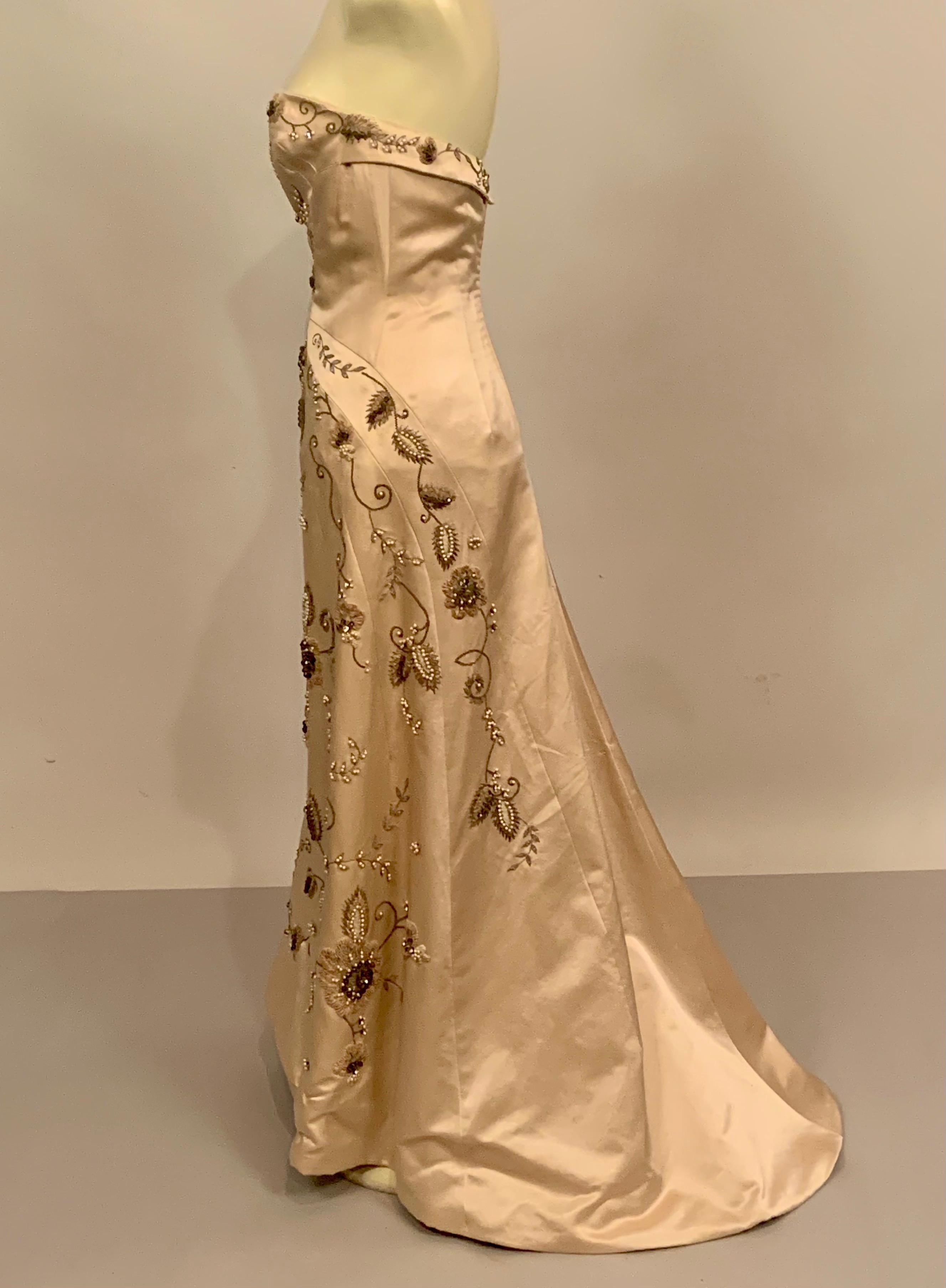 Women's Maggie Norris Couture Beaded and Embroidered Champagne Satin Gown with Train For Sale