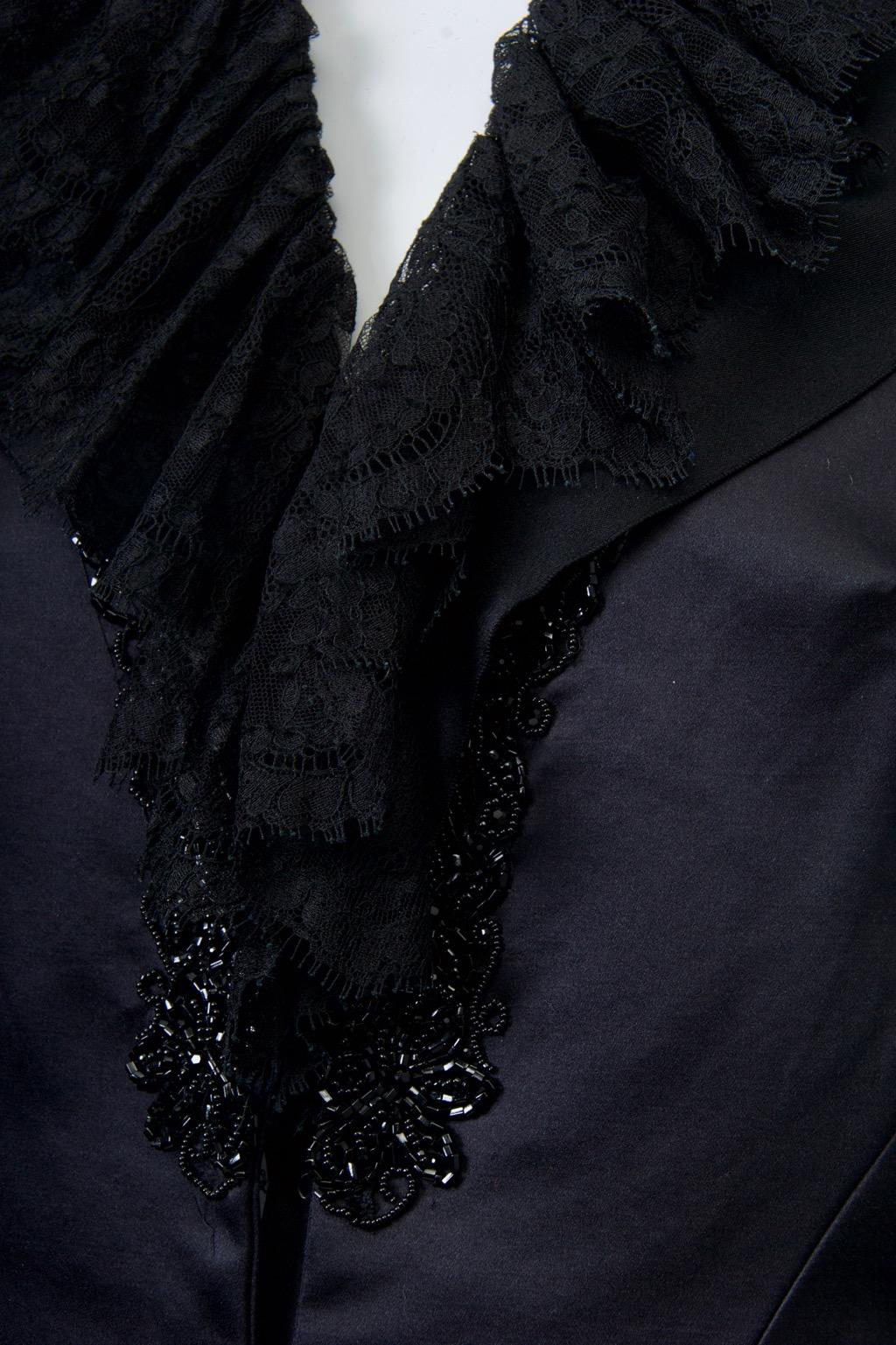 Maggie Norris Couture Black Satin Jacket with Beading and Lace In Good Condition In Alford, MA
