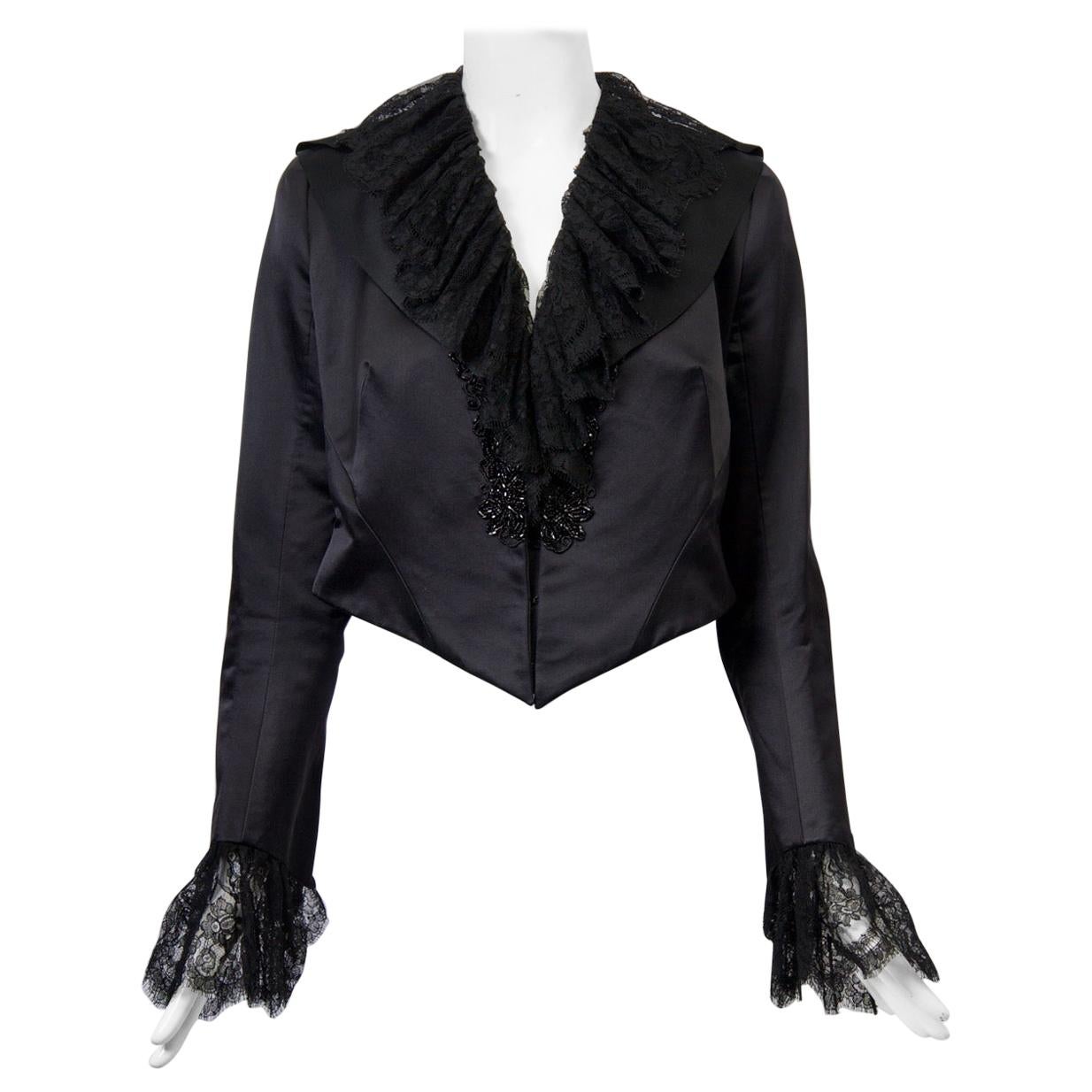 Maggie Norris Couture Black Satin Jacket with Beading and Lace