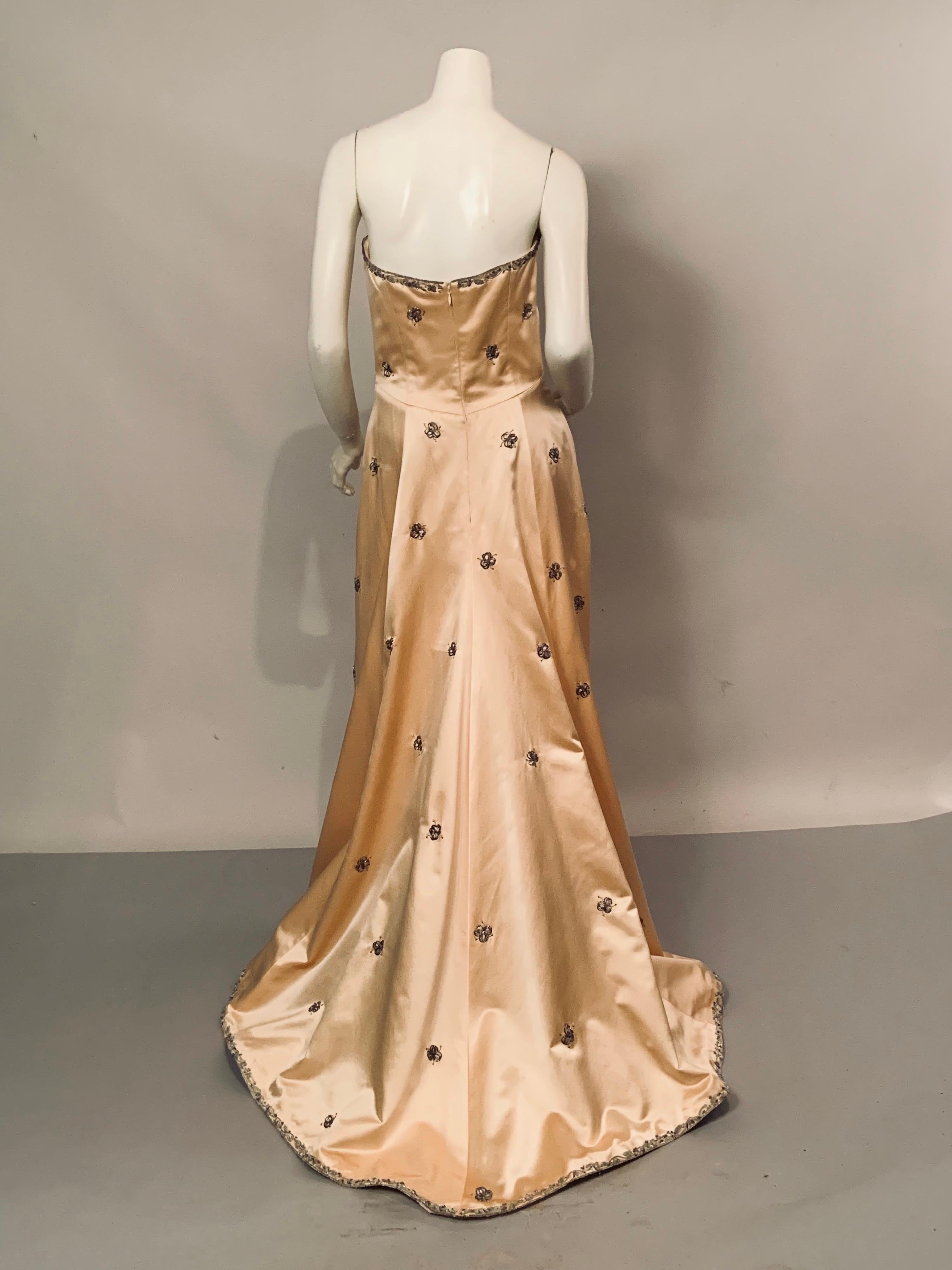 Maggie Norris Couture Shell Pink Trained Gown Hand Embroidered with Silver Metal For Sale 3