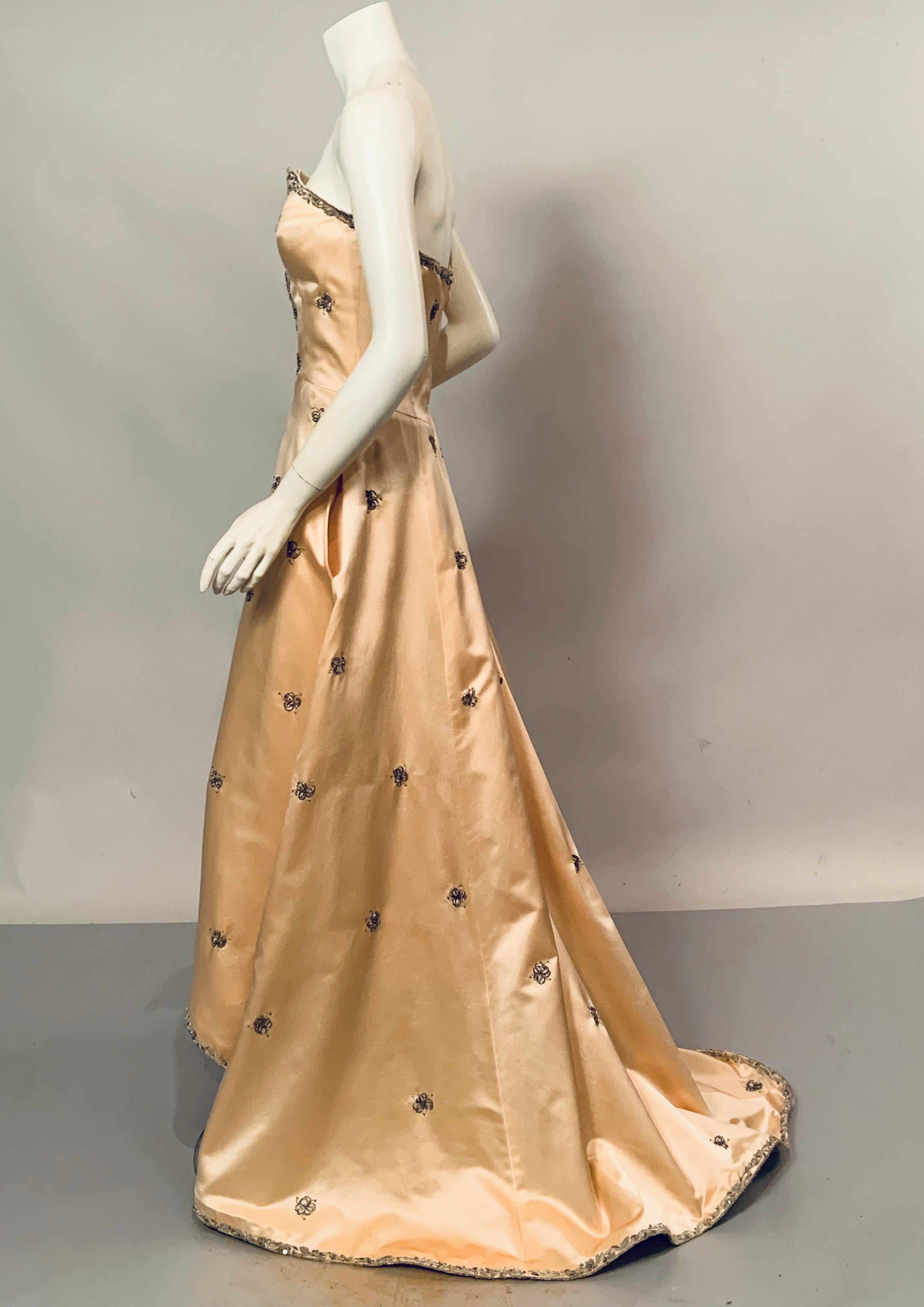 Maggie Norris Couture Shell Pink Trained Gown Hand Embroidered with Silver Metal For Sale 8