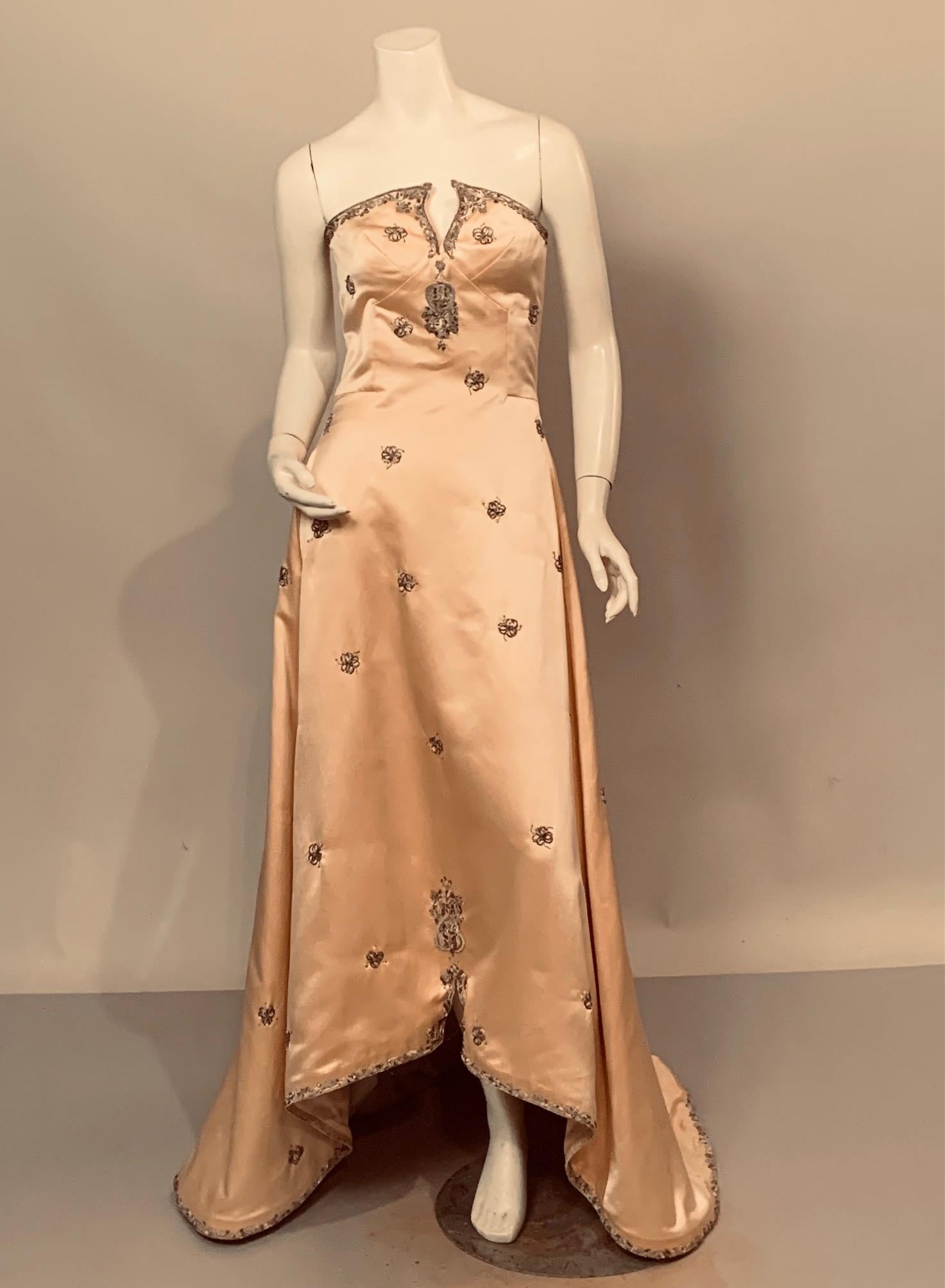 Maggie Norris Couture Shell Pink Trained Gown Hand Embroidered with Silver Metal For Sale 12