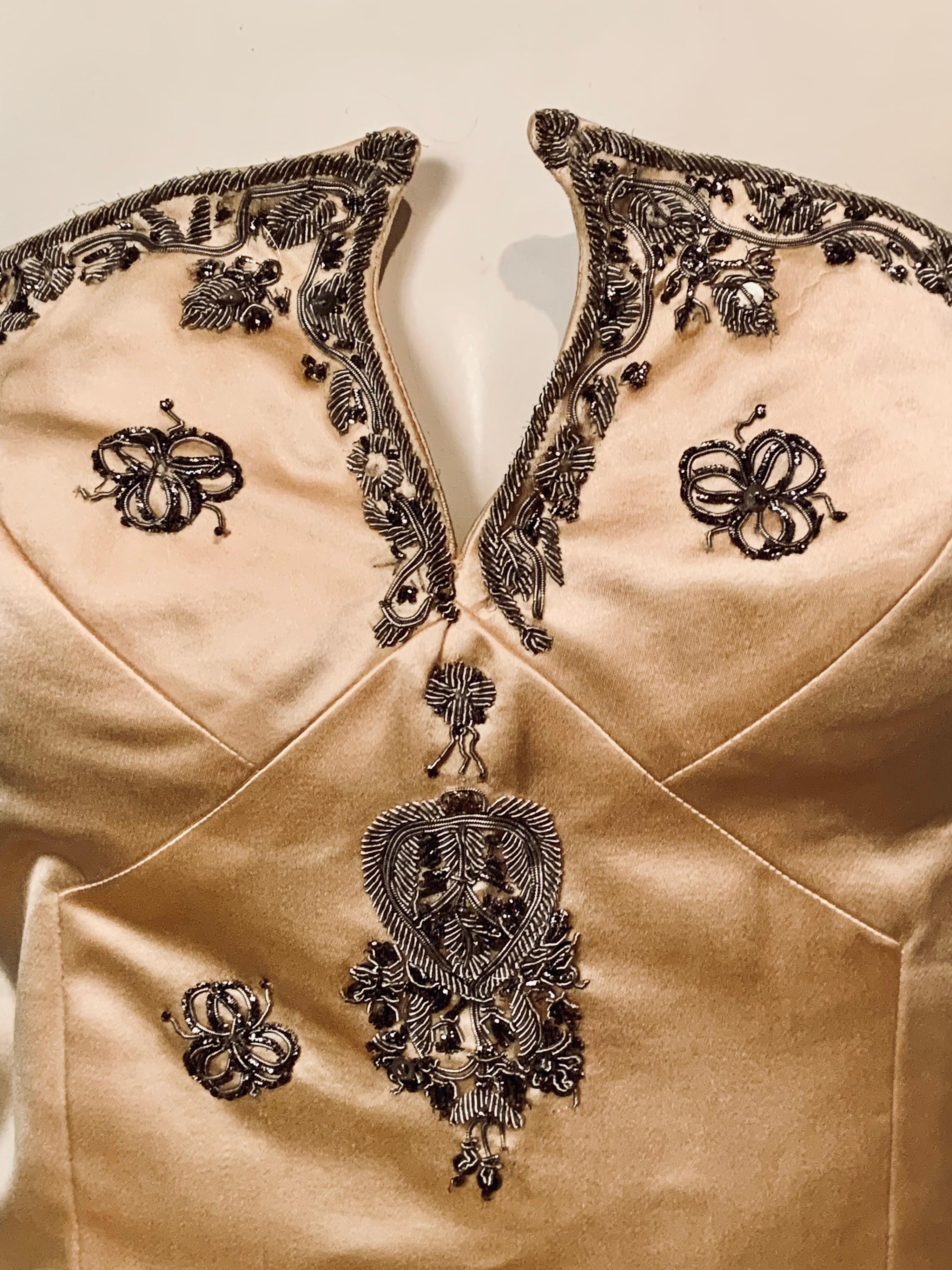 Brown Maggie Norris Couture Shell Pink Trained Gown Hand Embroidered with Silver Metal For Sale