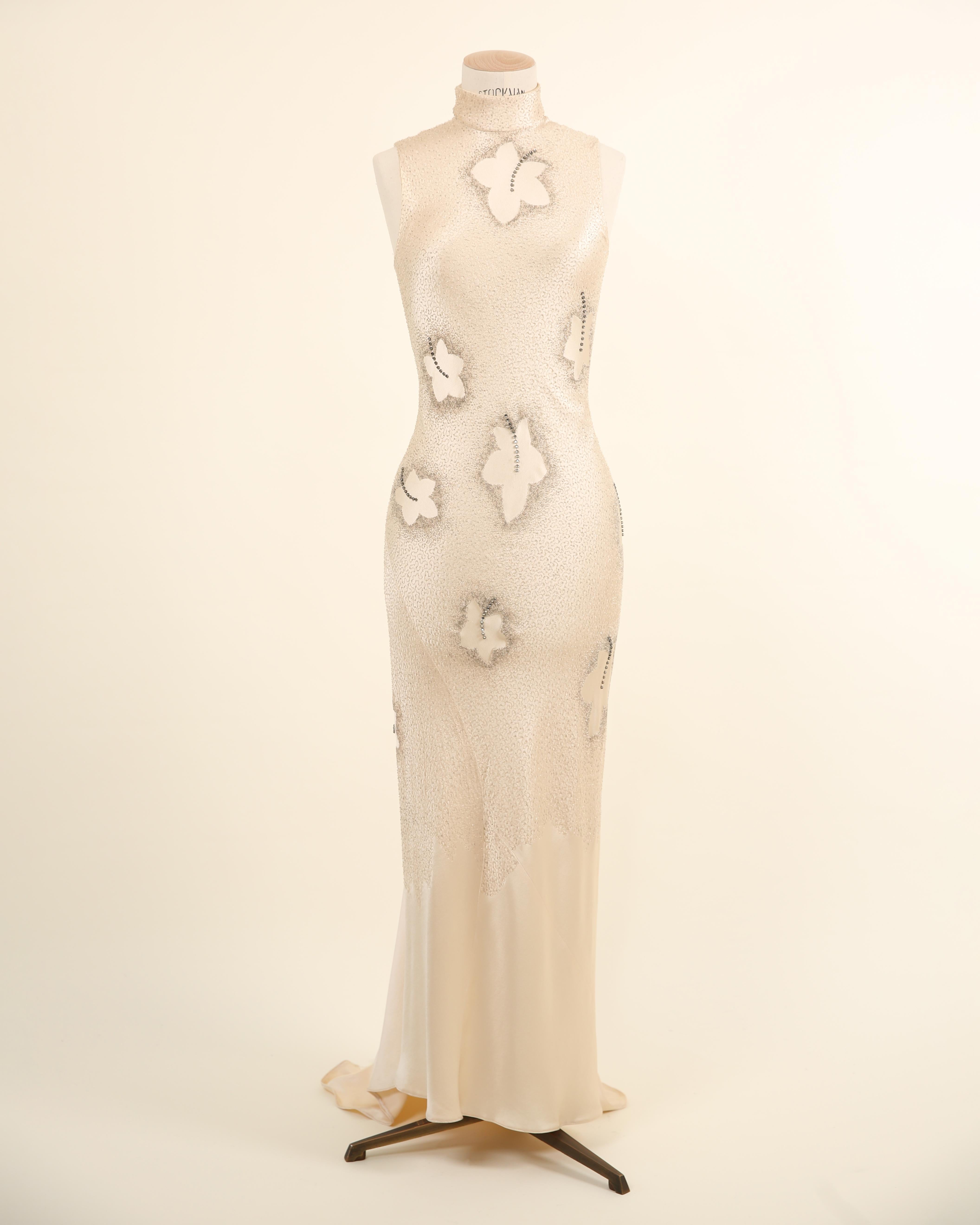 Maggie Norris Couture vtg nude beaded floral crystal oriental asian silk dress In Good Condition For Sale In Paris, FR