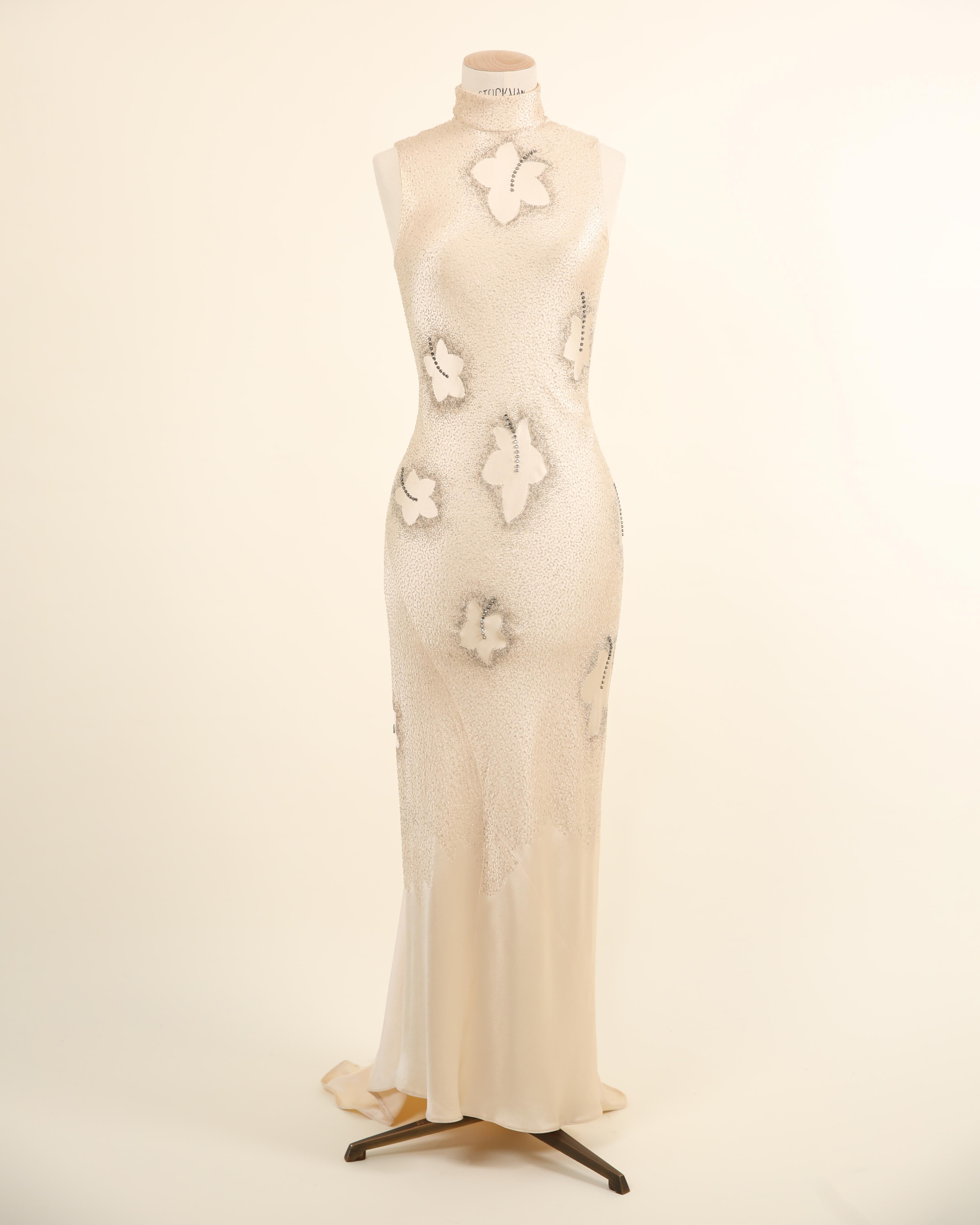 White Maggie Norris Couture vtg nude beaded floral crystal oriental asian silk dress For Sale