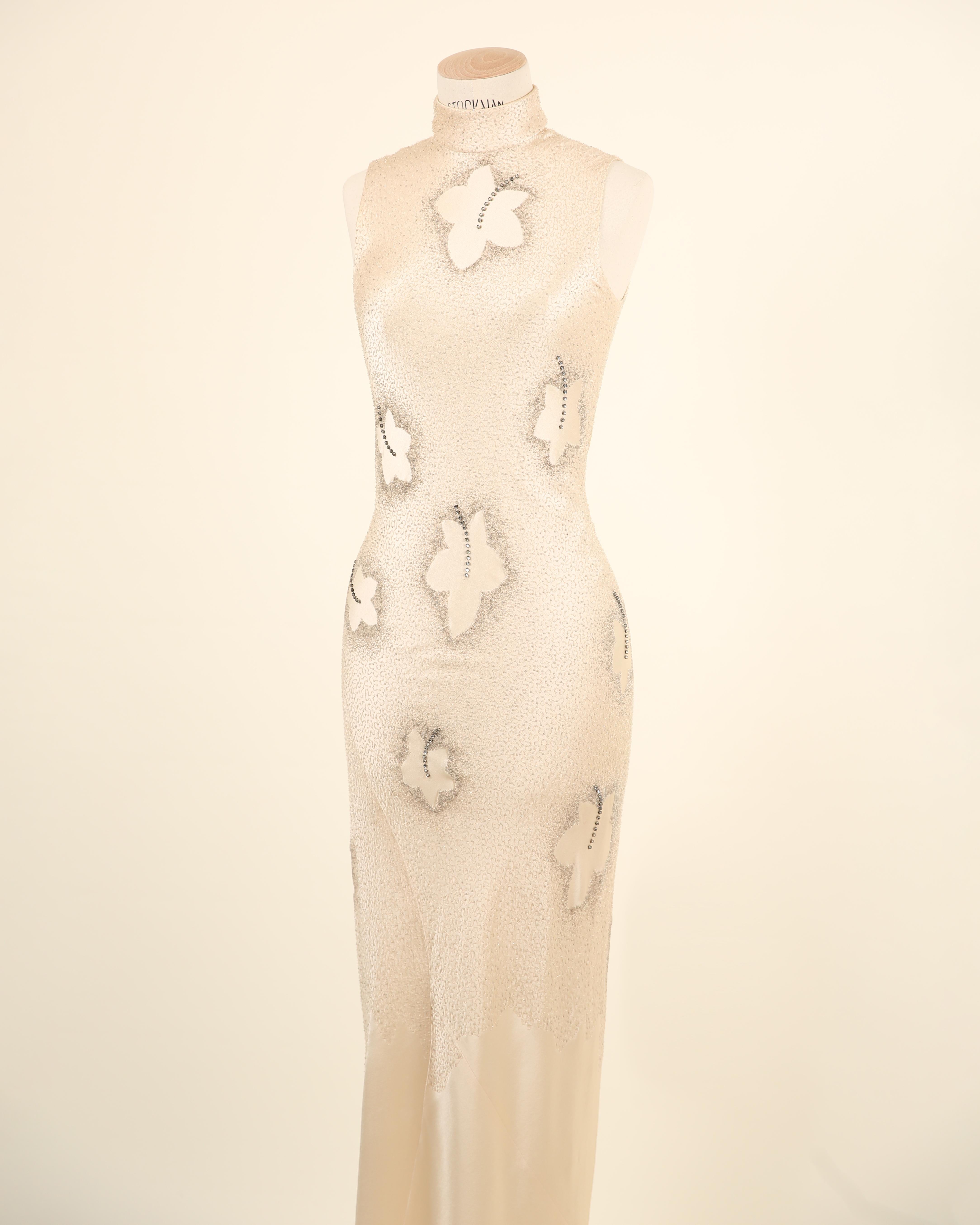 Women's Maggie Norris Couture vtg nude beaded floral crystal oriental asian silk dress For Sale