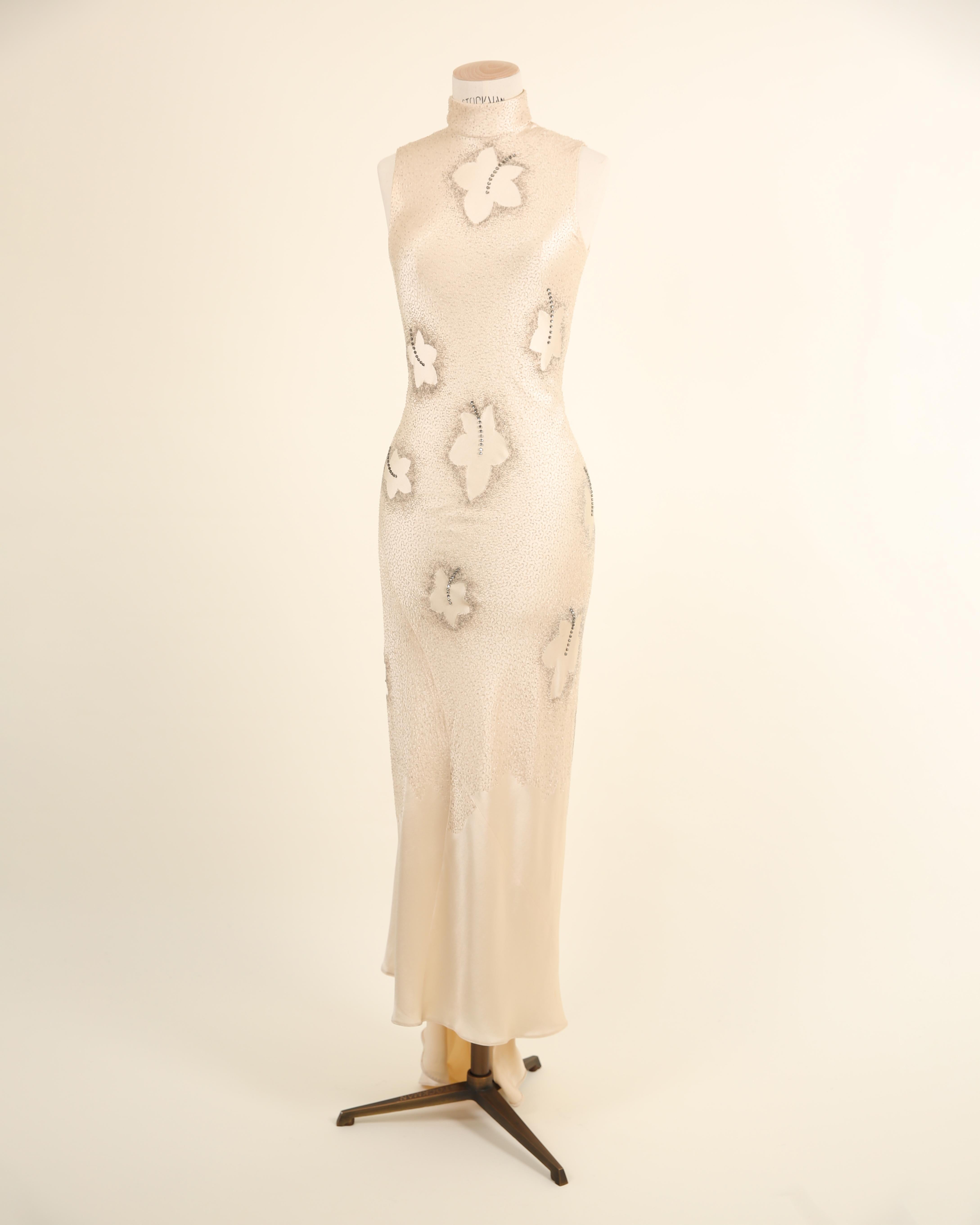 Maggie Norris Couture vtg nude beaded floral crystal oriental asian silk dress For Sale 2