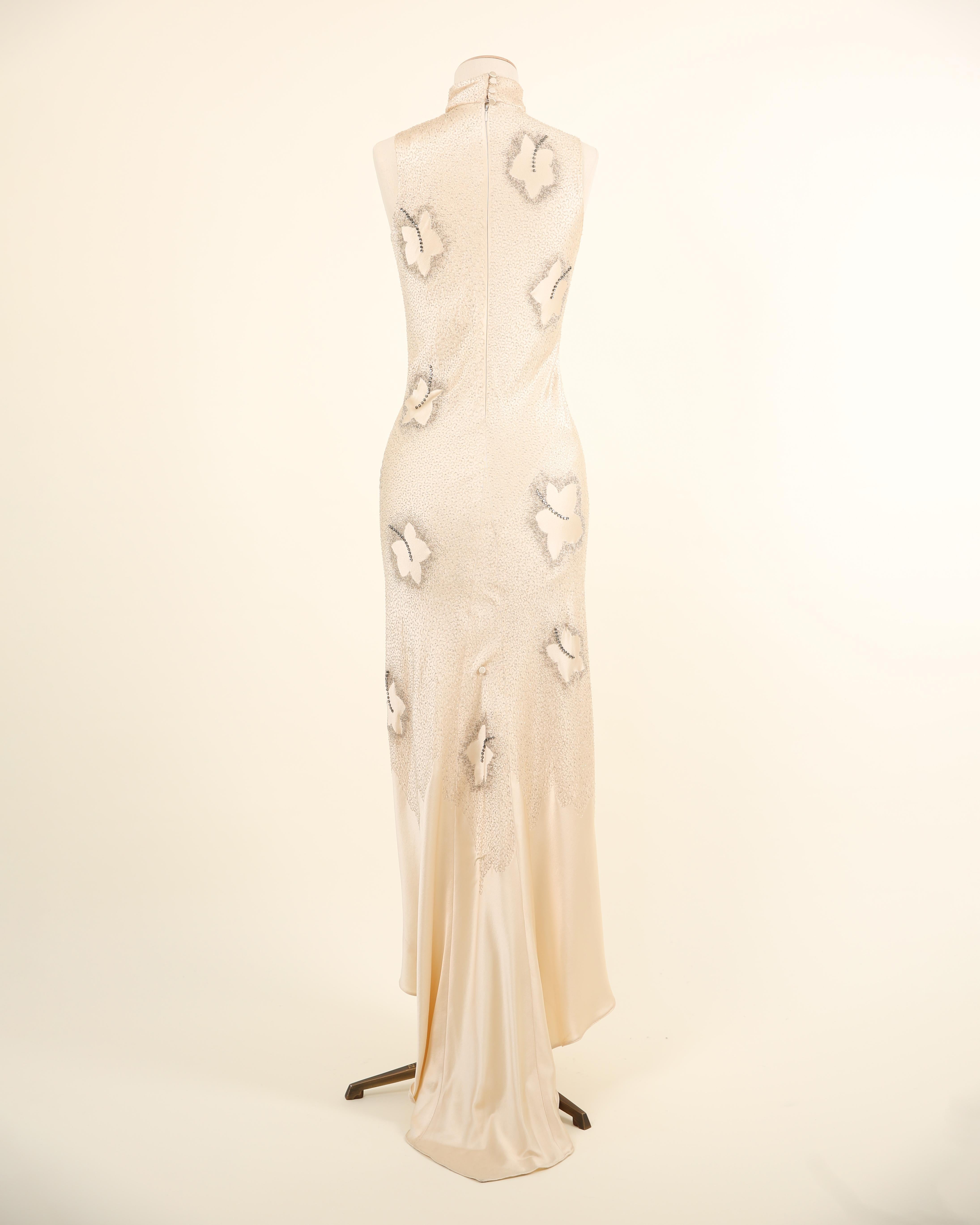 Maggie Norris Couture vtg nude beaded floral crystal oriental asian silk dress For Sale 3