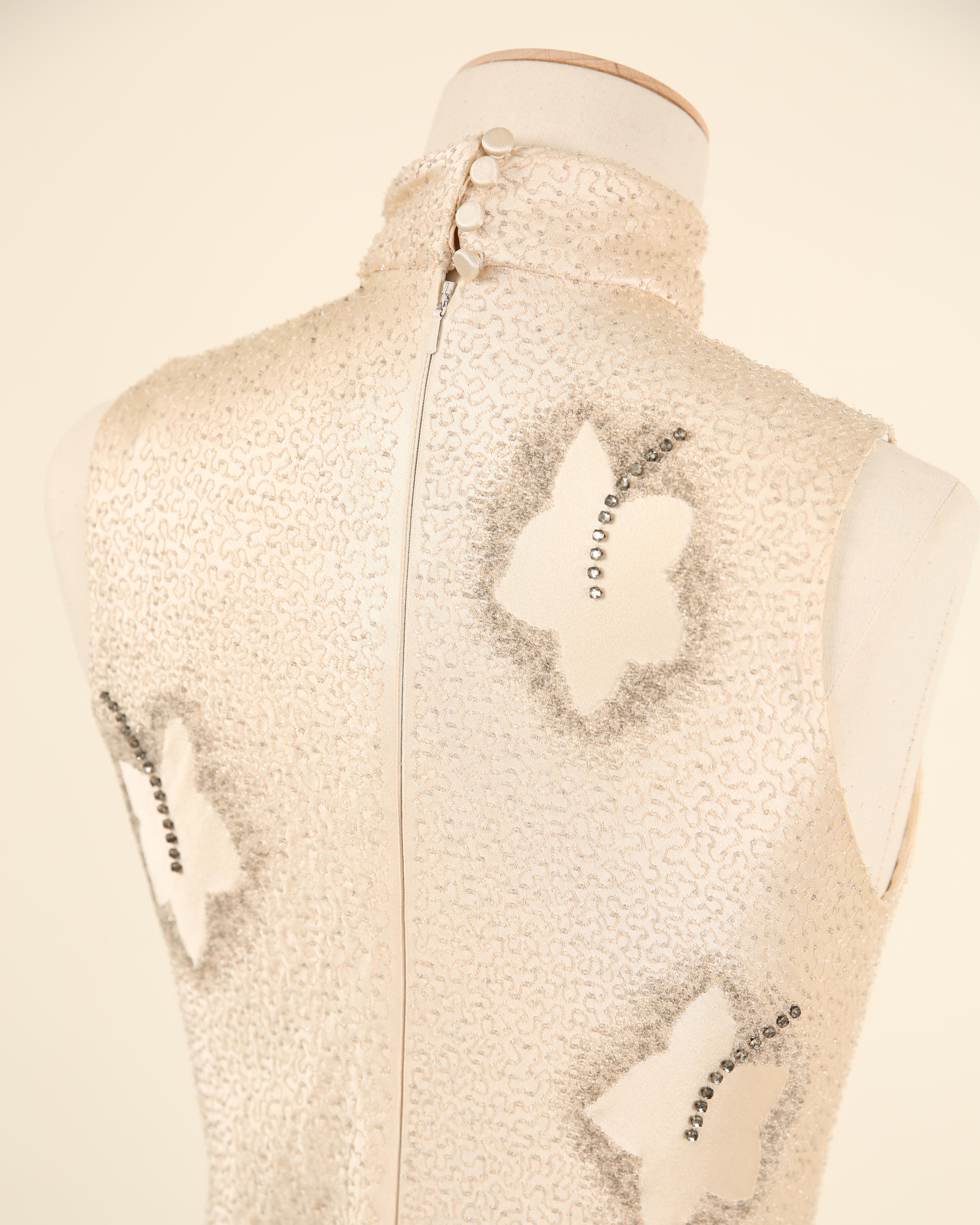 Maggie Norris Couture vtg nude beaded floral crystal oriental asian silk dress For Sale 4