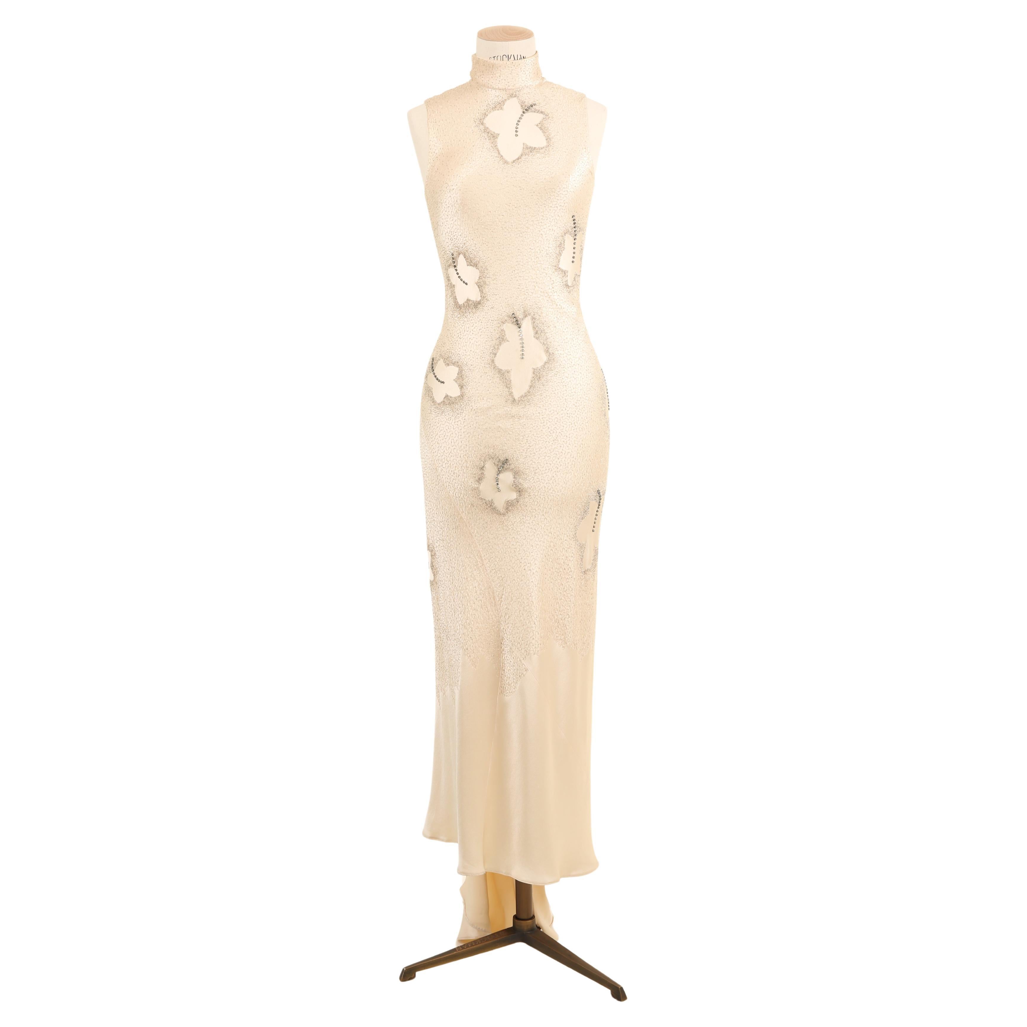 Maggie Norris Couture vtg nude beaded floral crystal oriental asian silk dress For Sale