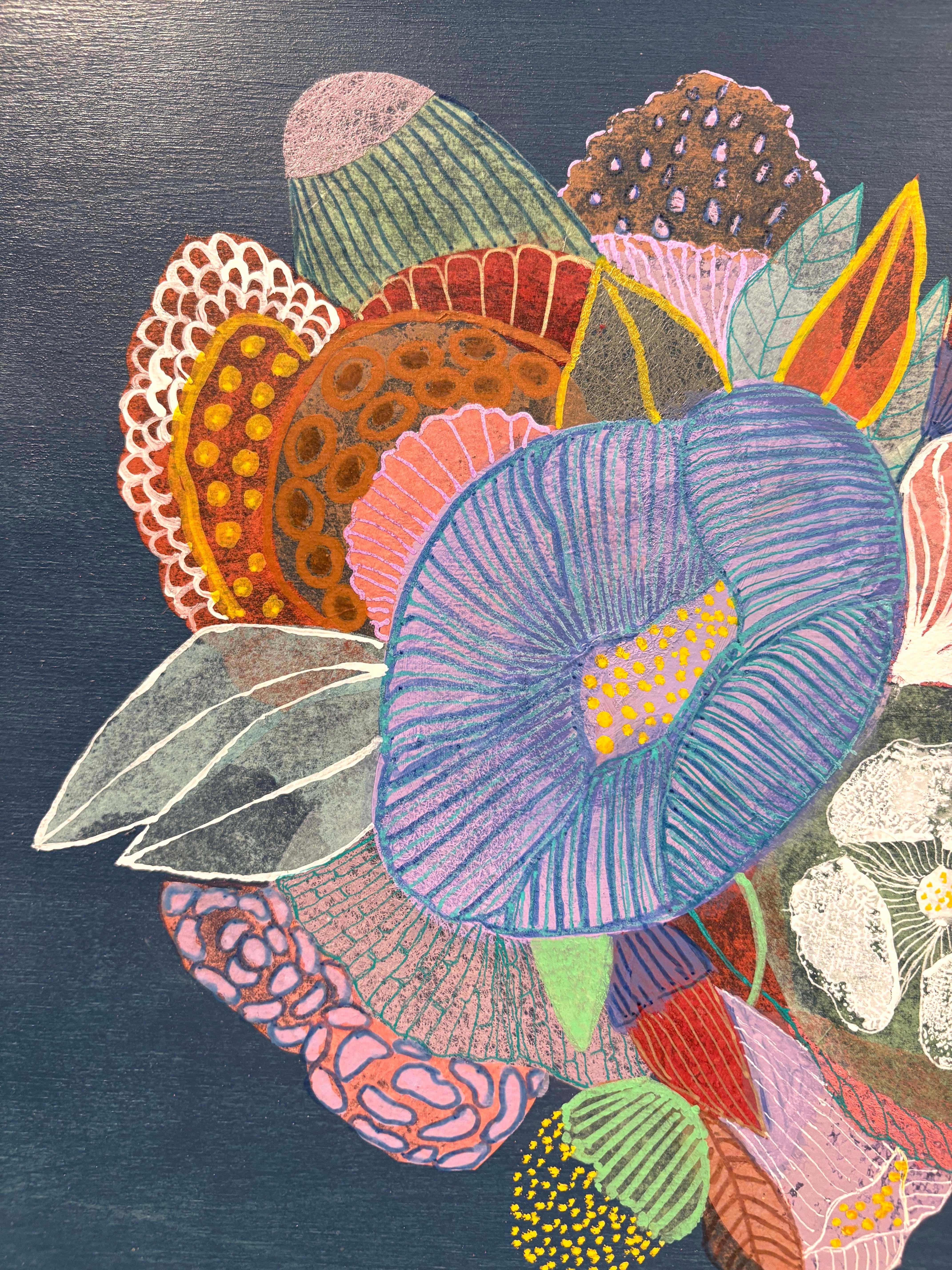 Blue Color Study I est à la fois une peinture et un collage de papier vintage fait à la main, composé d'une flore fantaisiste et texturée, réalisé par l'artiste Maggie Ramirez-Burns, originaire du nord-ouest du Pacifique. 

La création de versions