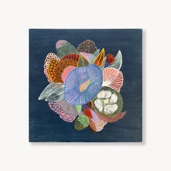 Studio del colore blu I, pittura floreale con collage di carta fatta a mano