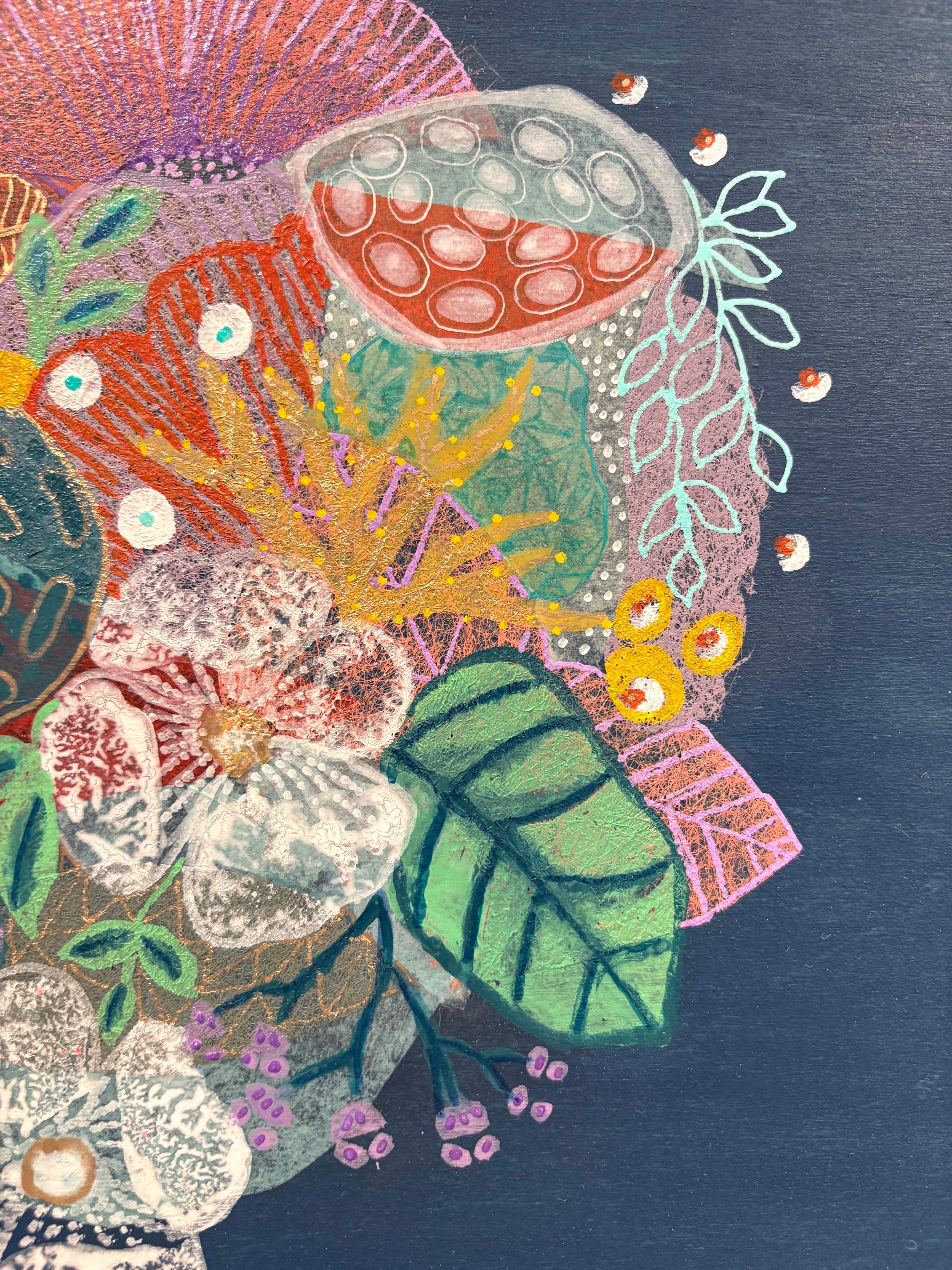 Blaue Farbstudie II, Handgemachte Papiercollage Flora Malerei im Angebot 1