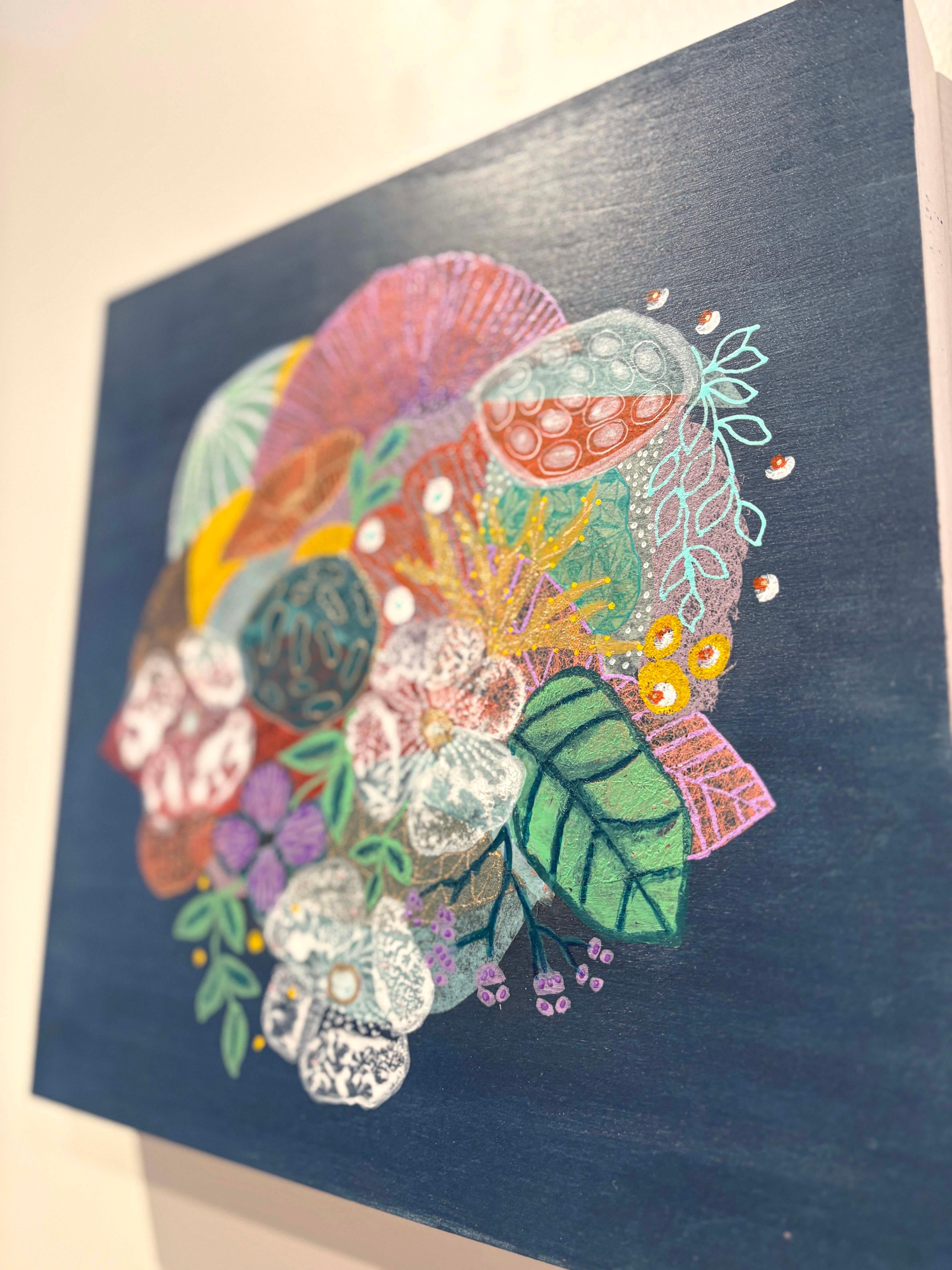 Blaue Farbstudie II, Handgemachte Papiercollage Flora Malerei im Angebot 3