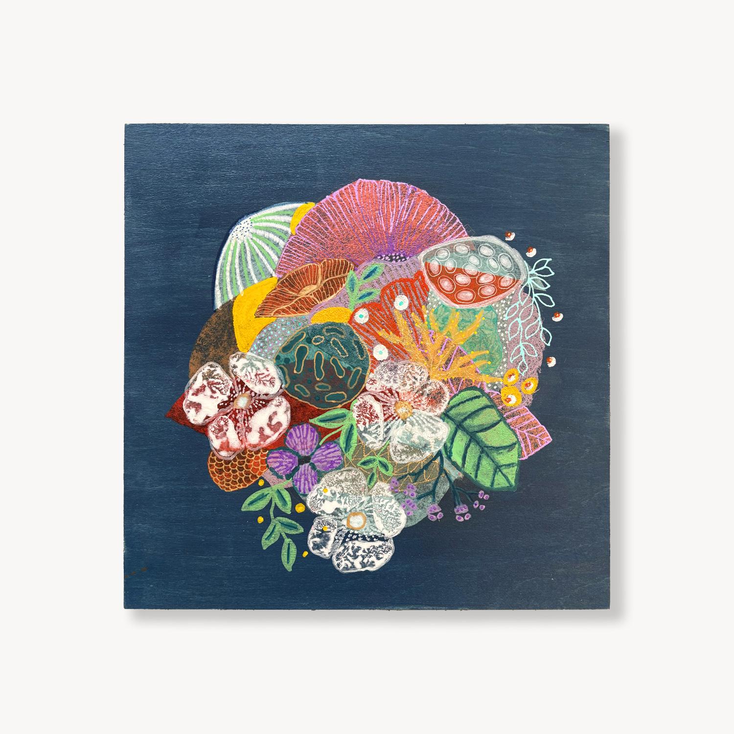 Étude des couleurs bleues II, collage de papier fait à la main, peinture de la flore