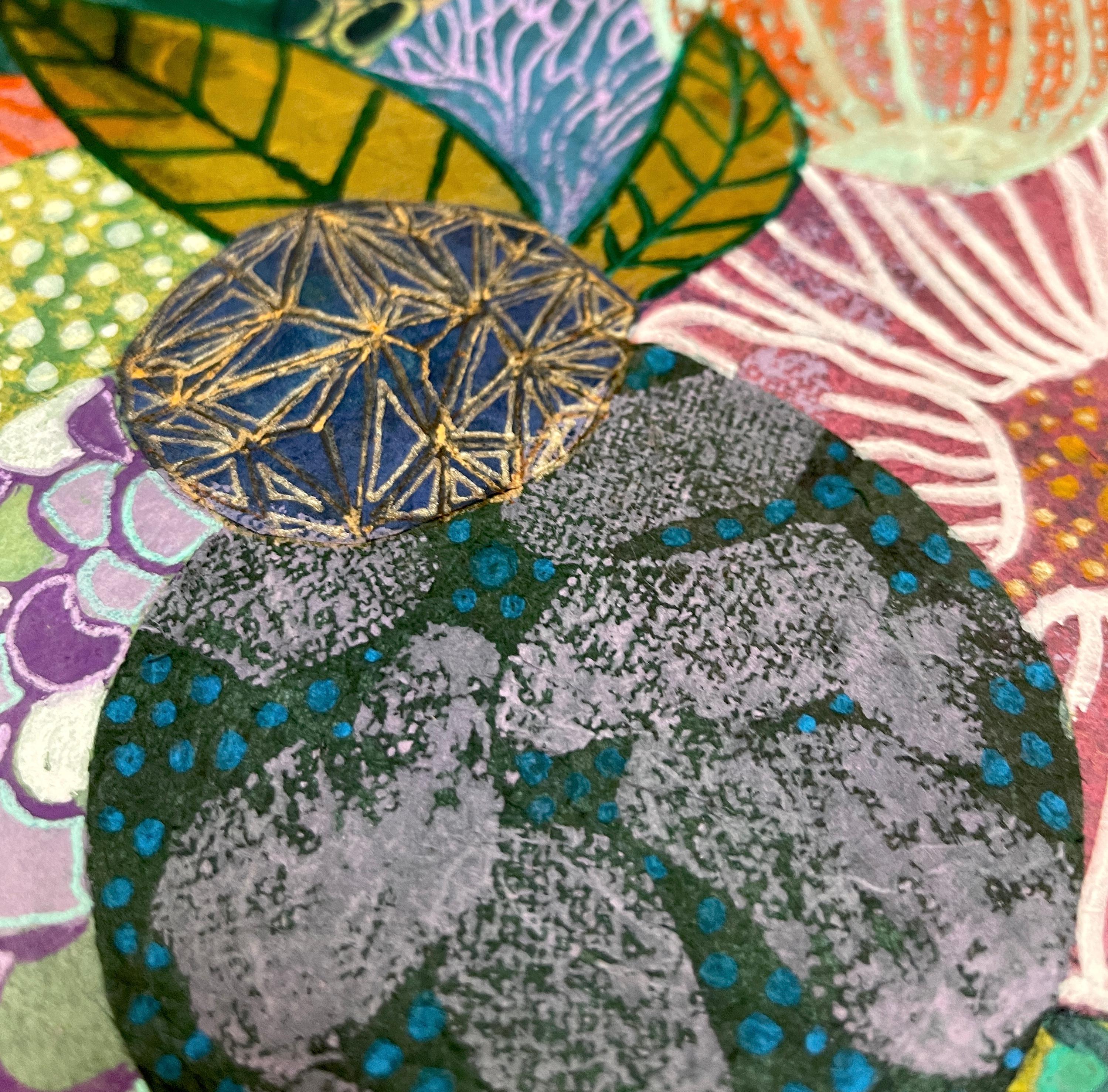 Green Color Study is part painting, part handmade and vintage paper collage of whimsical and textural flora by Pacific Northwest artist Maggie Ramirez-Burns. 

Through creating handmade versions or reusing art from her archive are intentional in her