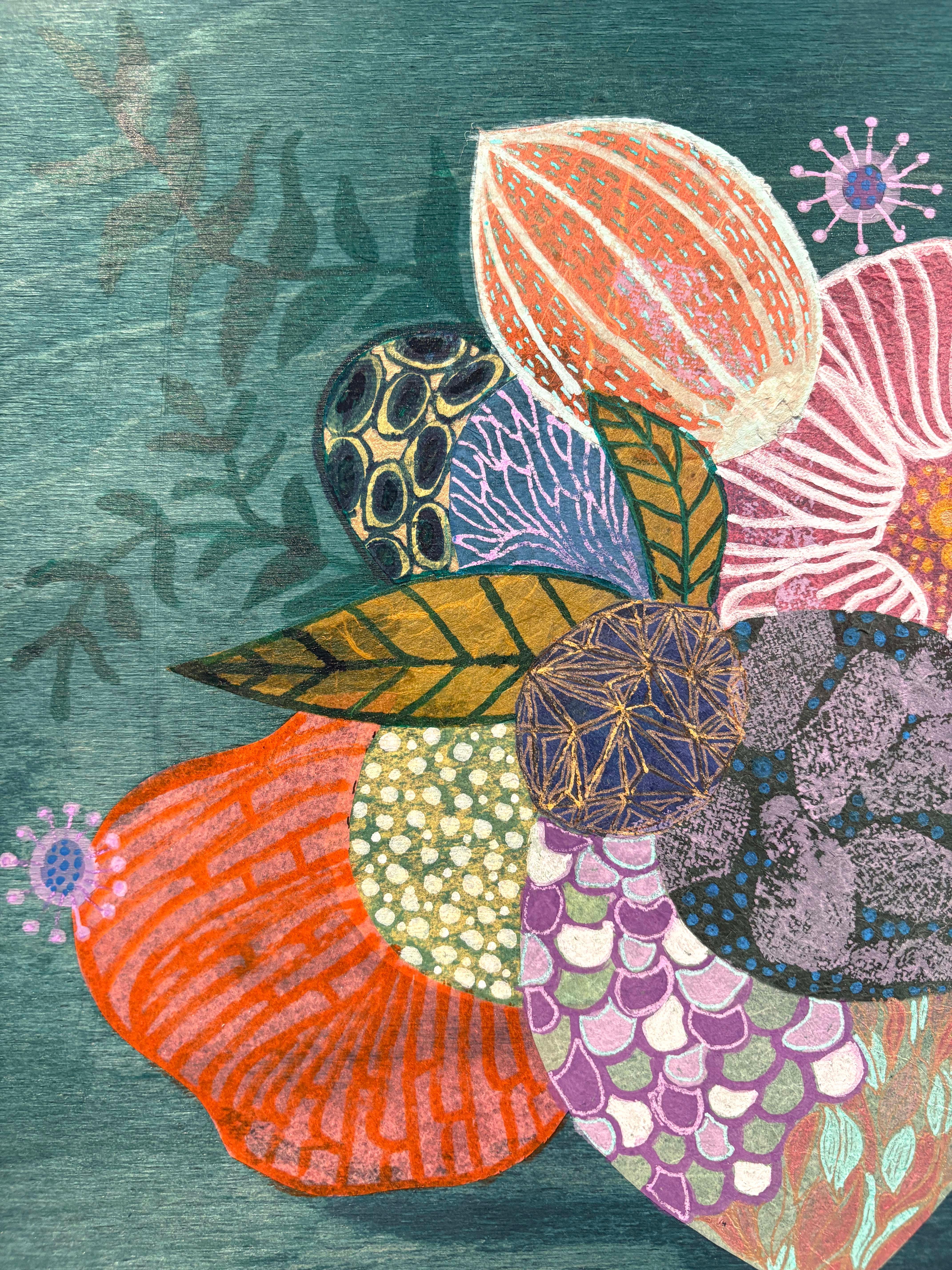 Green Color Study, Handmade Paper Collage Flora Painting For Sale 1