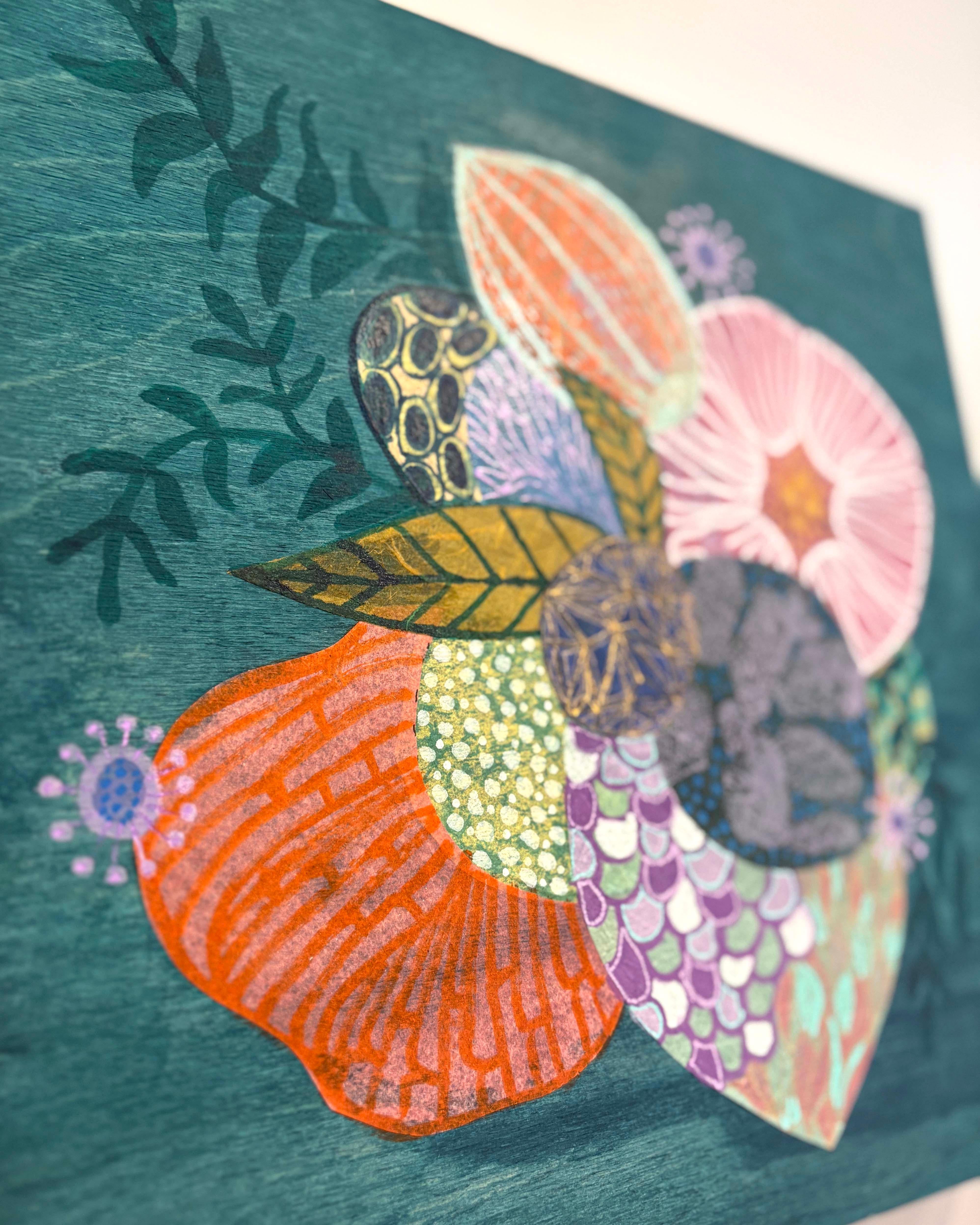 Green Color Study, Handmade Paper Collage Flora Painting For Sale 3