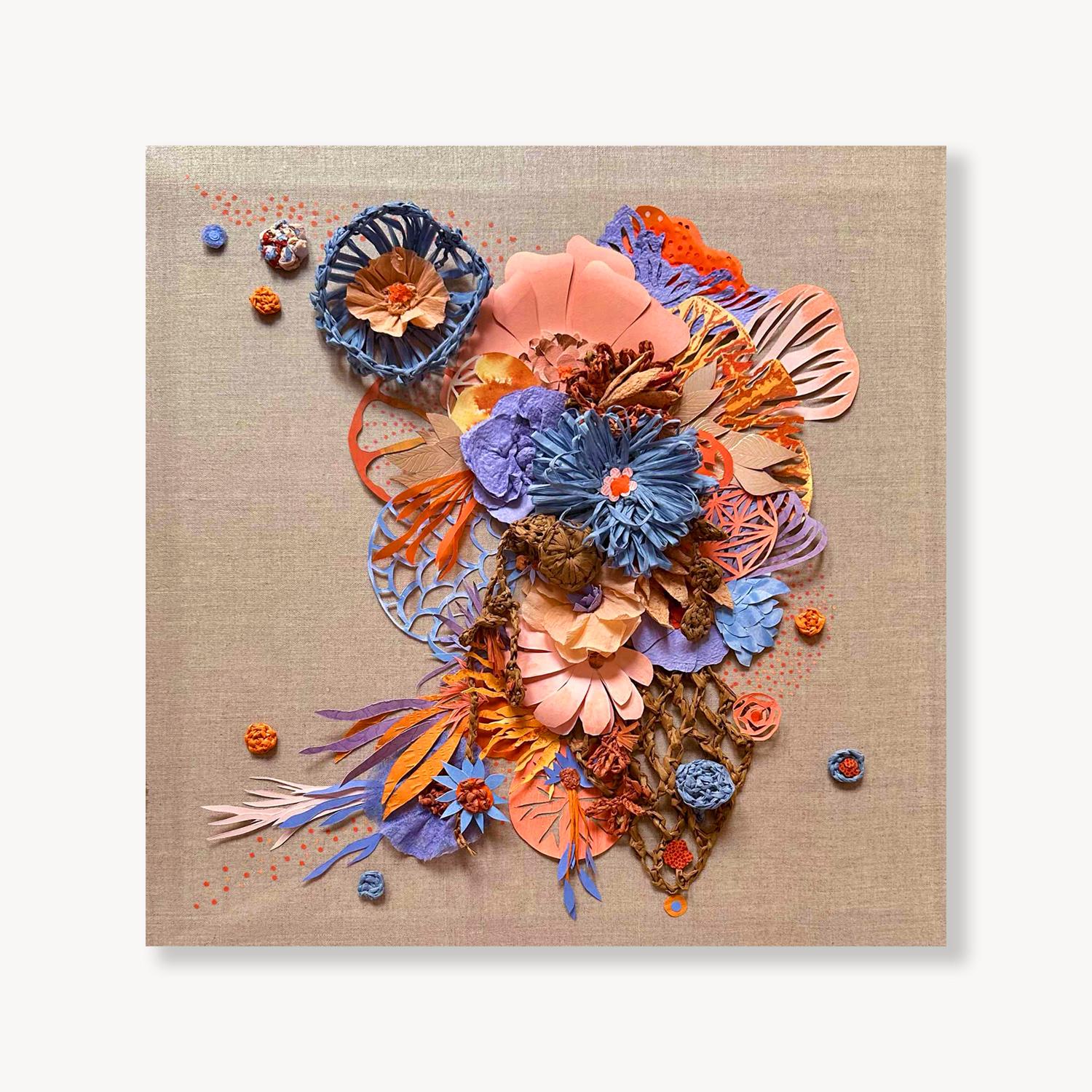 Uncommon Ground, sculpture en relief en papier botanique et tissu dans une boîte en acrylique