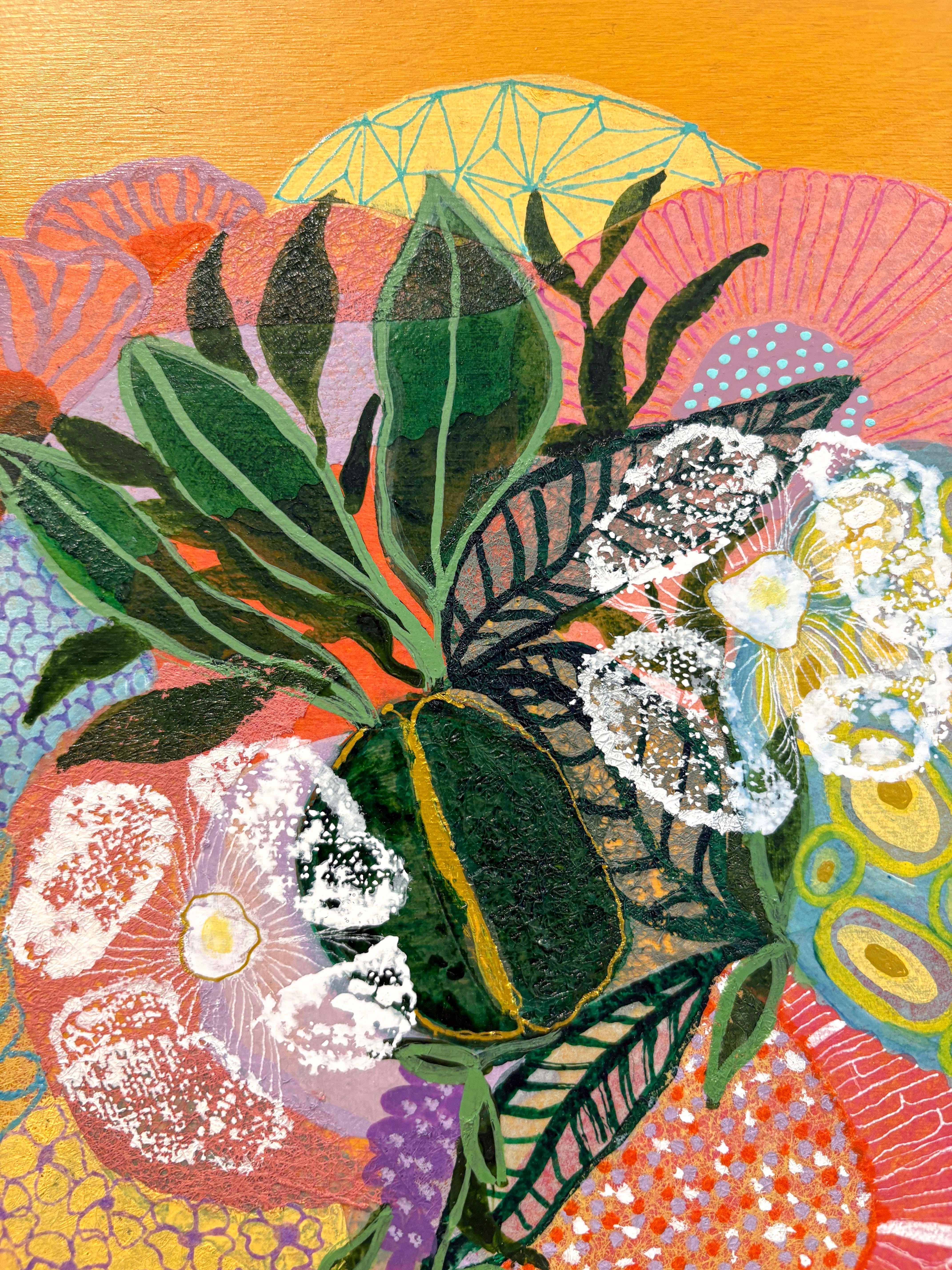 Yellow Color Study is part painting, part handmade and vintage paper collage of whimsical and textural flora by Pacific Northwest artist Maggie Ramirez-Burns. 

Through creating handmade versions or reusing art from her archive are intentional in