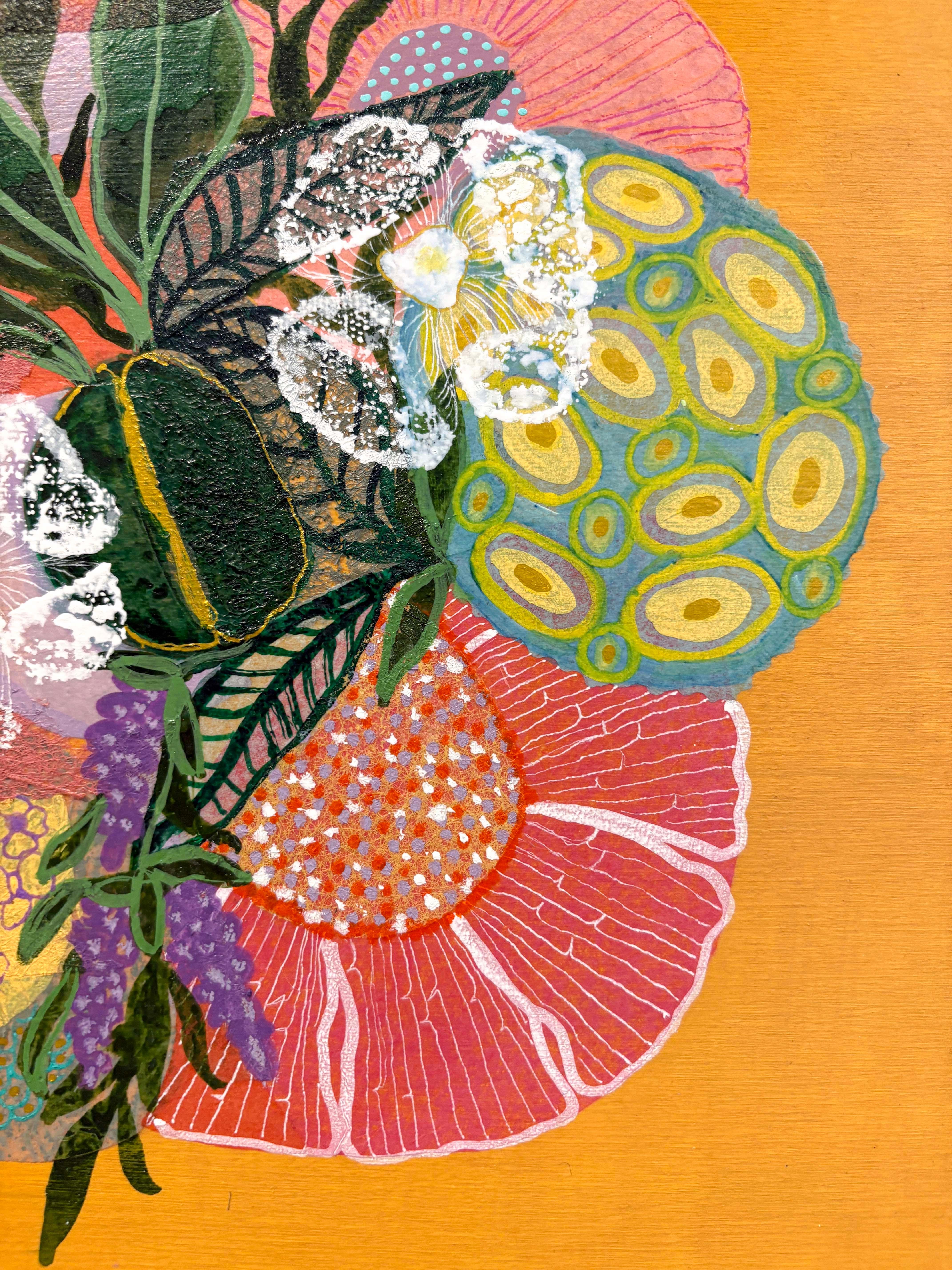 Yellow Color Study, Handmade Paper Collage Flora Painting For Sale 2