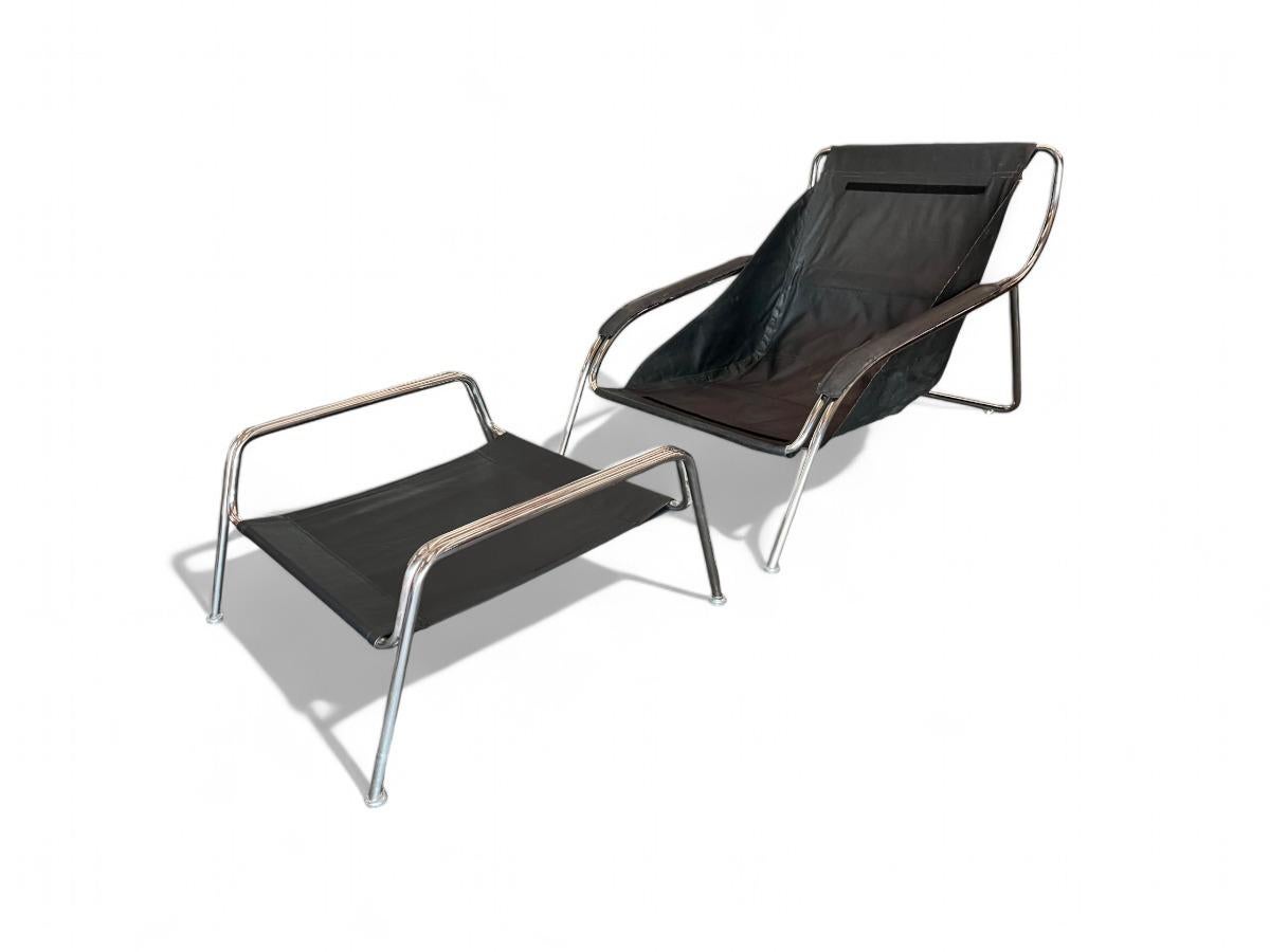 Fauteuil Maggiolina avec ottoman en métal et tissu par Marco Sanusso, c. 1947s Bon état - En vente à New York, NY